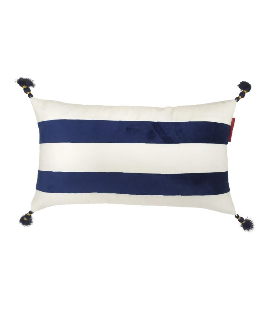 The RAMSHA HOME 100% Polyester Cushion White & Blue Color CS-137 features two wide navy blue stripes on a white background and small dark blue tassels with yellow accents at each corner.