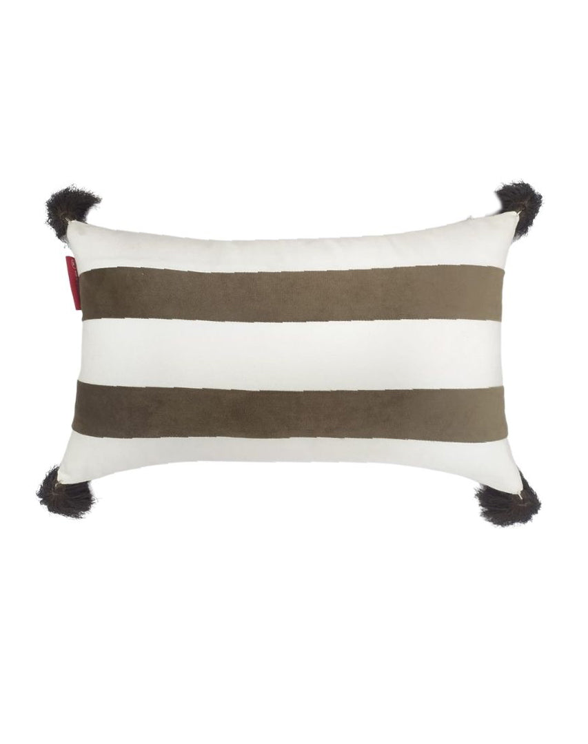 RAMSHA HOME's White & Brown Cushion CS-138 features two wide brown horizontal stripes on white polyester, black corner tassels, and a small red tag—ideal for adding a stylish touch to your home decor.