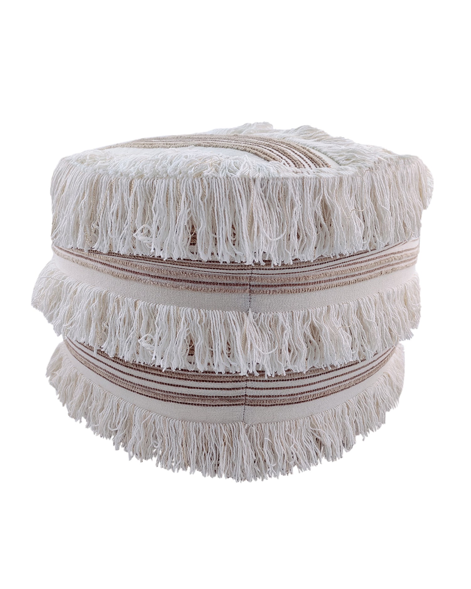 The RAMSHA HOME Cotton Boho Pouf With Fringes PF-067 is a round, beige ottoman featuring two layers of long fringe and brown stripes that brings a boho-inspired accent to your space.