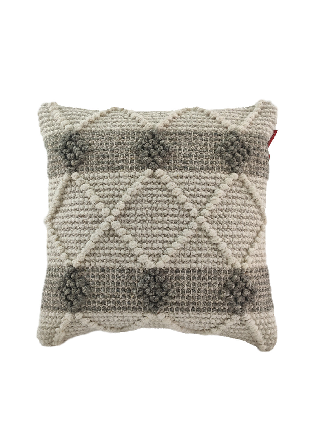 The RAMSHA HOME Embroidery Woven Cushion With Insert cs-162 is a square pillow in cream and gray, featuring raised diamond patterns and tufted circles. Crafted from wool and cotton, it includes the cushion insert.