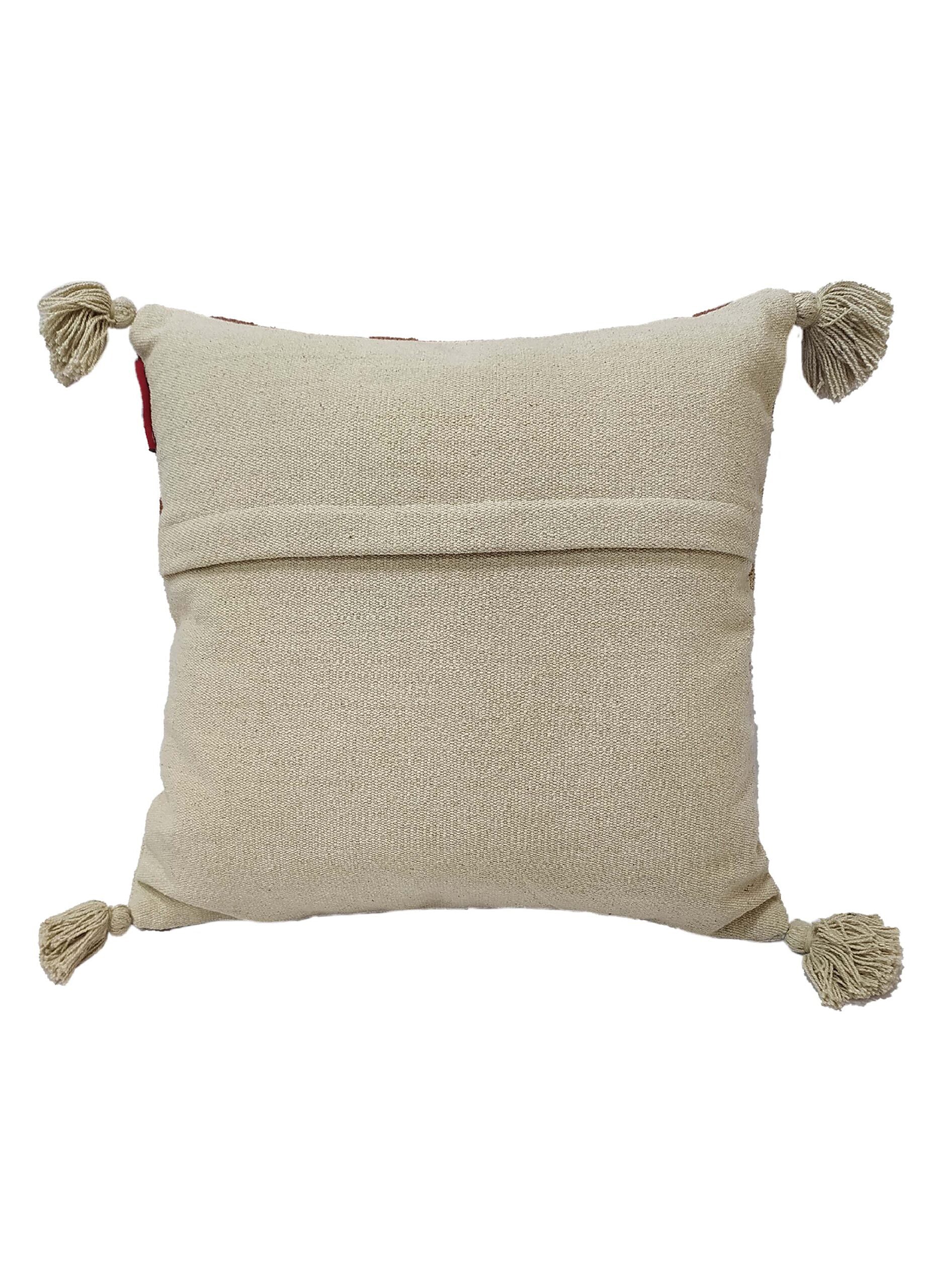The RAMSHA HOME Embroidery Cushion With Tassel CS-159 is a square beige cushion with textured fabric, a back flap closure, and tassels on each corner for added charm.