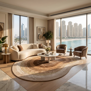 A modern, elegant living room with large windows, a curved cream sofa, two brown chairs, abstract art, plants, and the RAMSHA HOME Vibrant Living Room Handmade Rug - HTWV-81 B (200x300cm) in neutral tones.