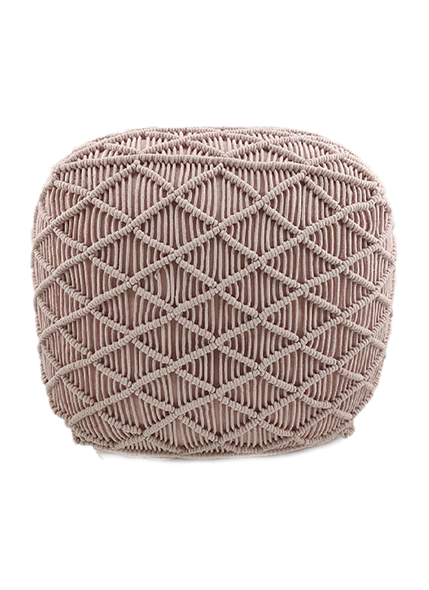 The Macrame Cotton Pouf by RAMSHA HOME features a beige, rectangular design with an intricate woven diamond macrame pattern, adding a touch of boho-style elegance to any space.