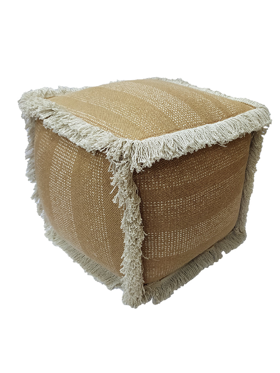 The RAMSHA HOME Pouf With Leather Handle PF-049 is a square woven pouf with light brown and beige stripes, white fringe trim on the edges, and a leather handle for easy portability.