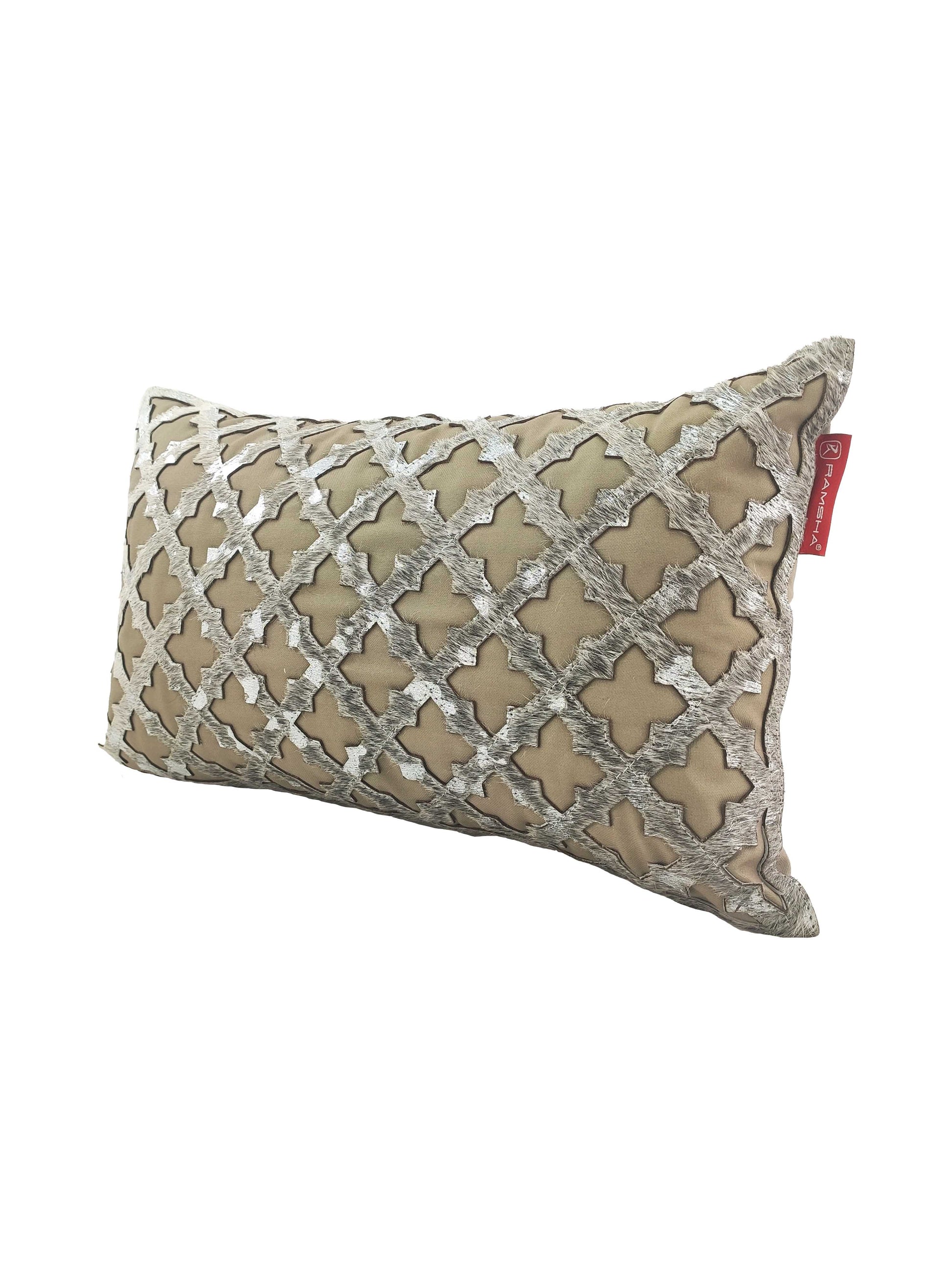 The RAMSHA HOME Leather Cushion CS-103 is a rectangular beige decorative pillow with a silver lattice pattern, red fabric tag, and quilted surface—combining plush comfort and elegance for any home décor.
