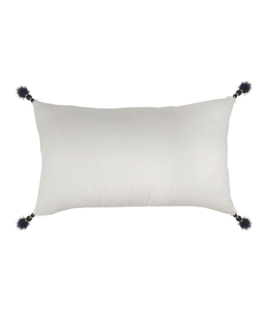 The RAMSHA HOME 100% Polyester Cushion (CS-137) in white and blue features dark blue corner tassels and gold accents, pre-filled for easy use. Perfect for adding a stylish touch to any space.