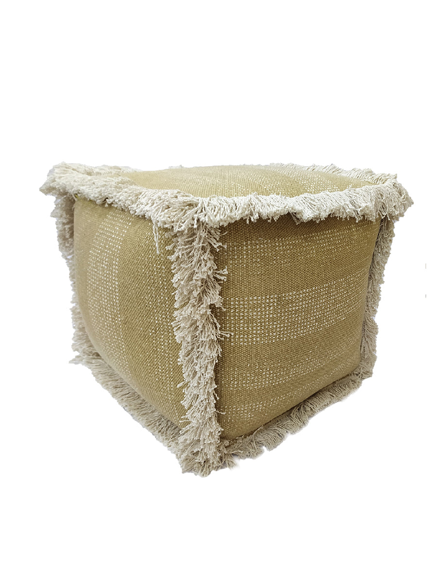 The RAMSHA HOME Pouf With Leather Handle PF-049 is a square beige ottoman with textured fabric, leather handle, and fringe trim along all edges, shown against a white background.