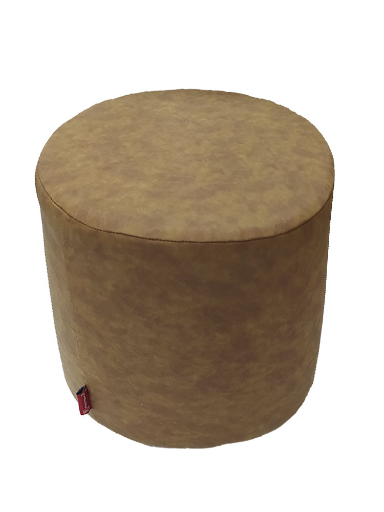 The RAMSHA HOME Leather Cylindrical Pouf is a round, brown leather ottoman with a smooth surface and a small red fabric tag on the side, providing comfortable seating against a plain white background.