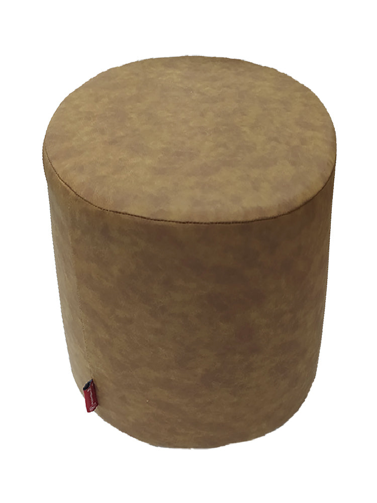 The RAMSHA HOME Leather Cylindrical Pouf is a round, brown ottoman with a smooth, leather finish and a small red tag on the side, offering comfortable seating against a white background.