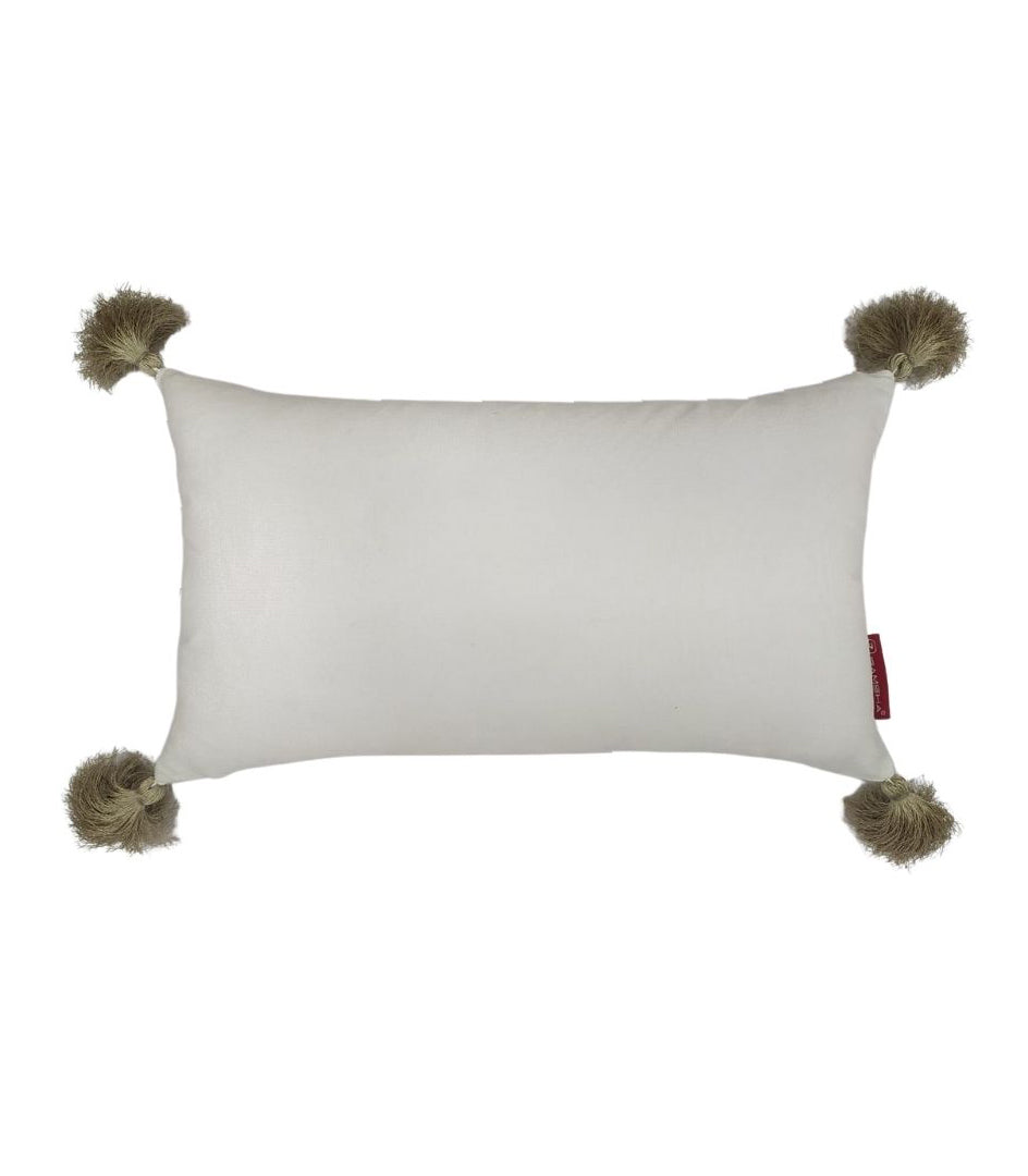 The RAMSHA HOME White & Light Beige Color Cushion CS-136 is a rectangular white pillow with beige tassels on each corner, ideal as a plush filler or polyester cushion to elevate your living room’s comfort and style.