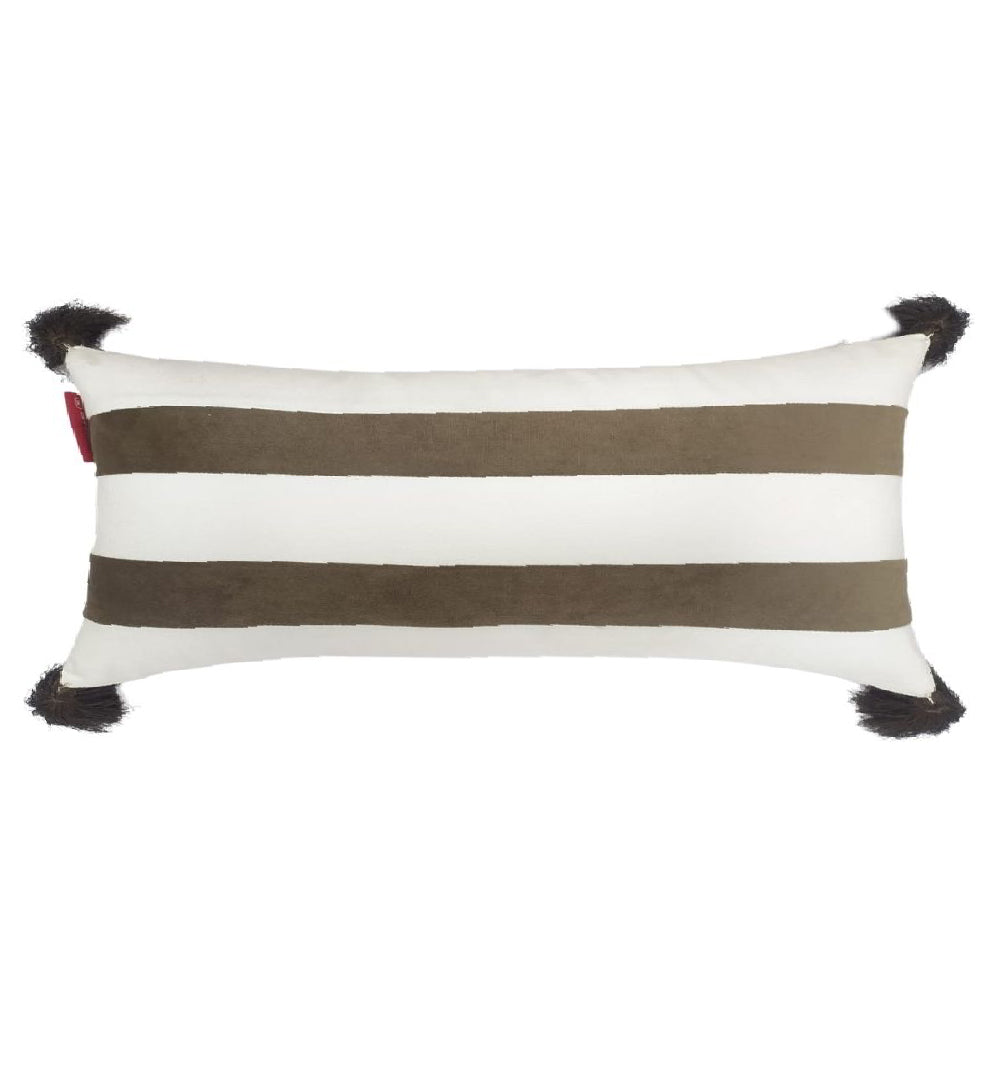 The RAMSHA HOME White & Brown Cushion CS-138 features a rectangular polyester design with horizontal white and brown stripes and four brown tassels, perfect for adding stylish durability to your home decor.