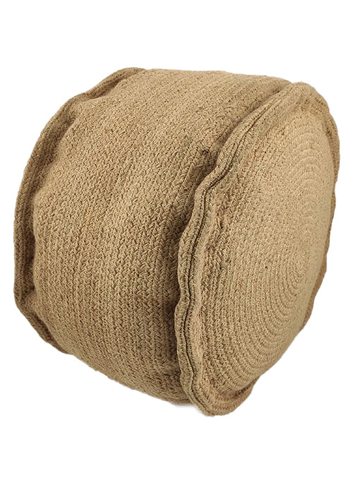 The RAMSHA HOME Natural Color Jute Pouf PF-056 features a round, light brown design with textured patterns and wavy edges, offering eco-friendly, portable seating and a stylish accent for your space.