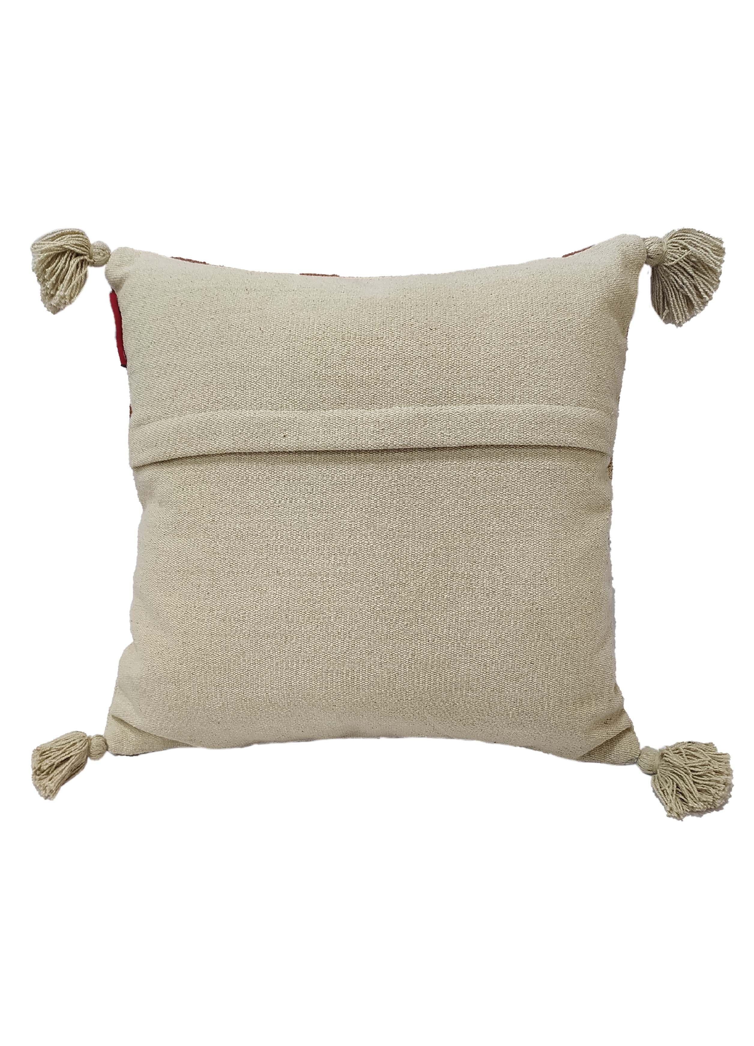 The RAMSHA HOME Multi Color Cotton Cushion CS-135 features textured fabric, four tassels on each corner, and a horizontal seam across the back.