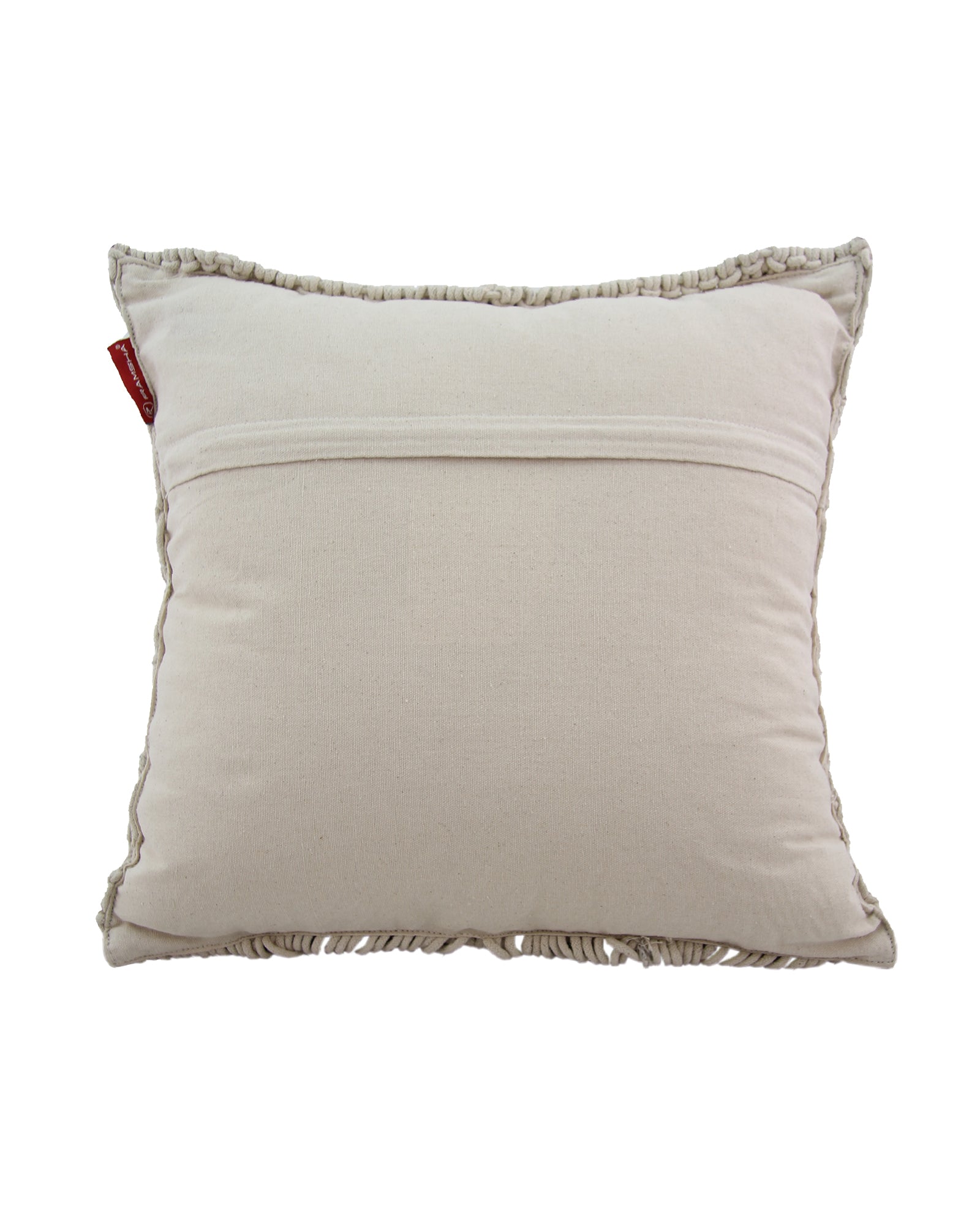 The RAMSHA HOME Woven Macrame Cotton Cushion cs-166-170 is a square beige pillow with a ruffled edge, horizontal stitched band on the back, small red fabric tag on the left, and polyester fiber filling for lasting comfort.