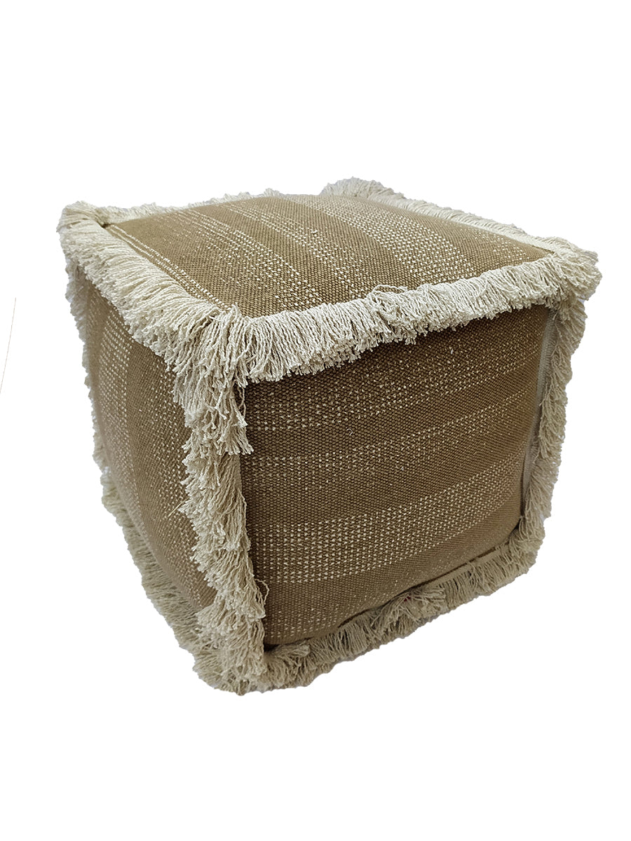 The RAMSHA HOME Pouf With Leather Handle PF-049 is a square, tan woven pouf featuring a textured surface, thick cream fringe edges, and a sturdy leather handle, shown against a white background.