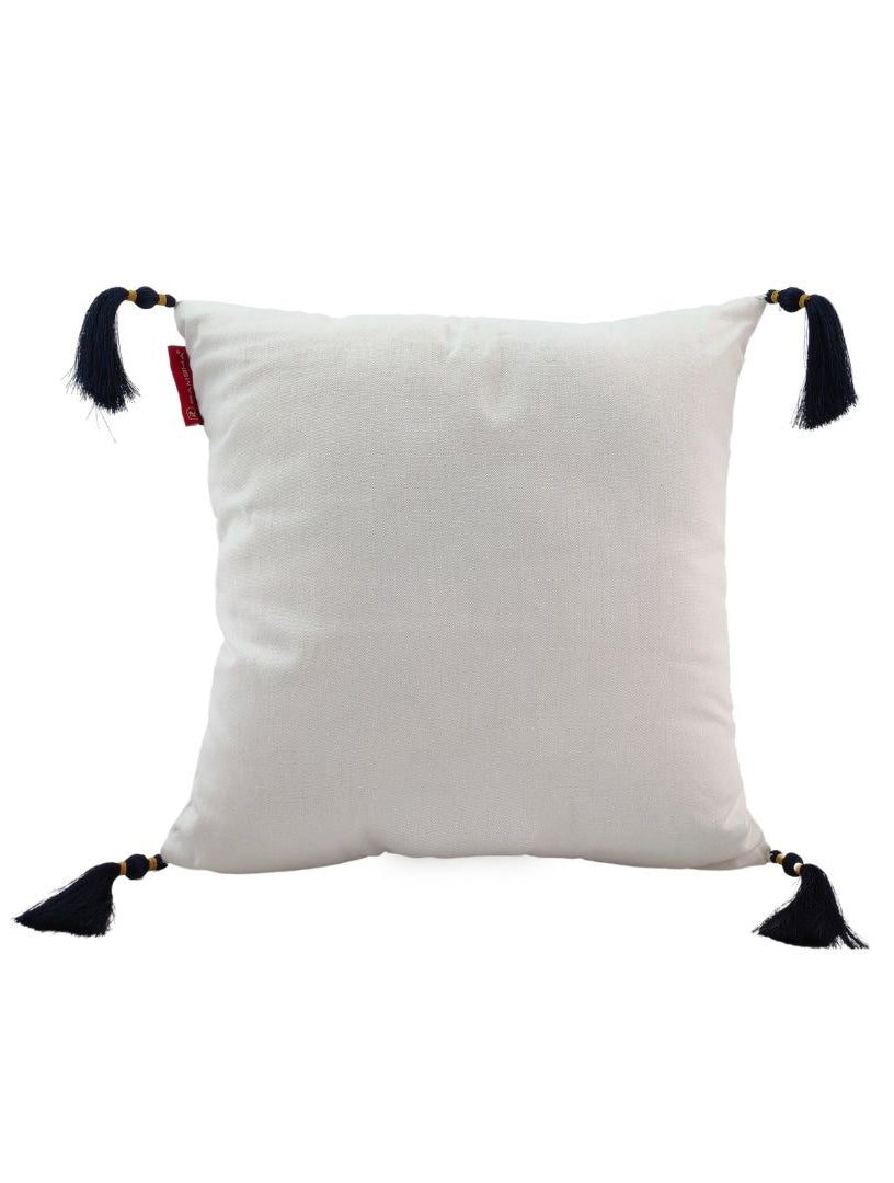 The RAMSHA HOME 100% Polyester Cushion (CS-137) features a white and blue design, is pre-filled, and includes a small red tag on one edge. The cushion is shown against a plain white background.