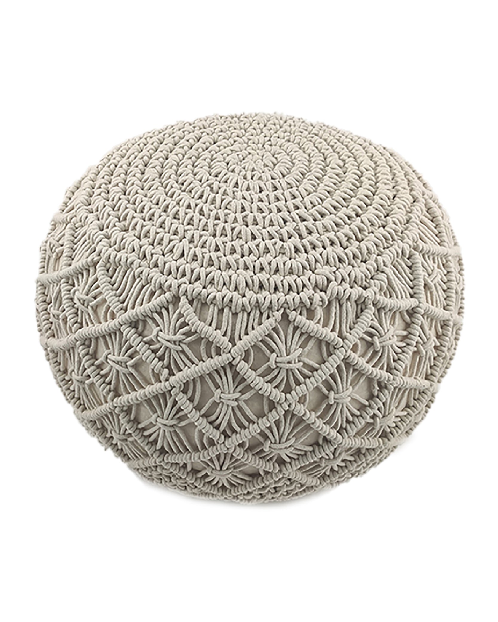 Add boho charm to any room with the RAMSHA HOME Macrame Cotton Pouf, featuring a round beige cotton design with textured woven patterns and intricate macrame-style sides.