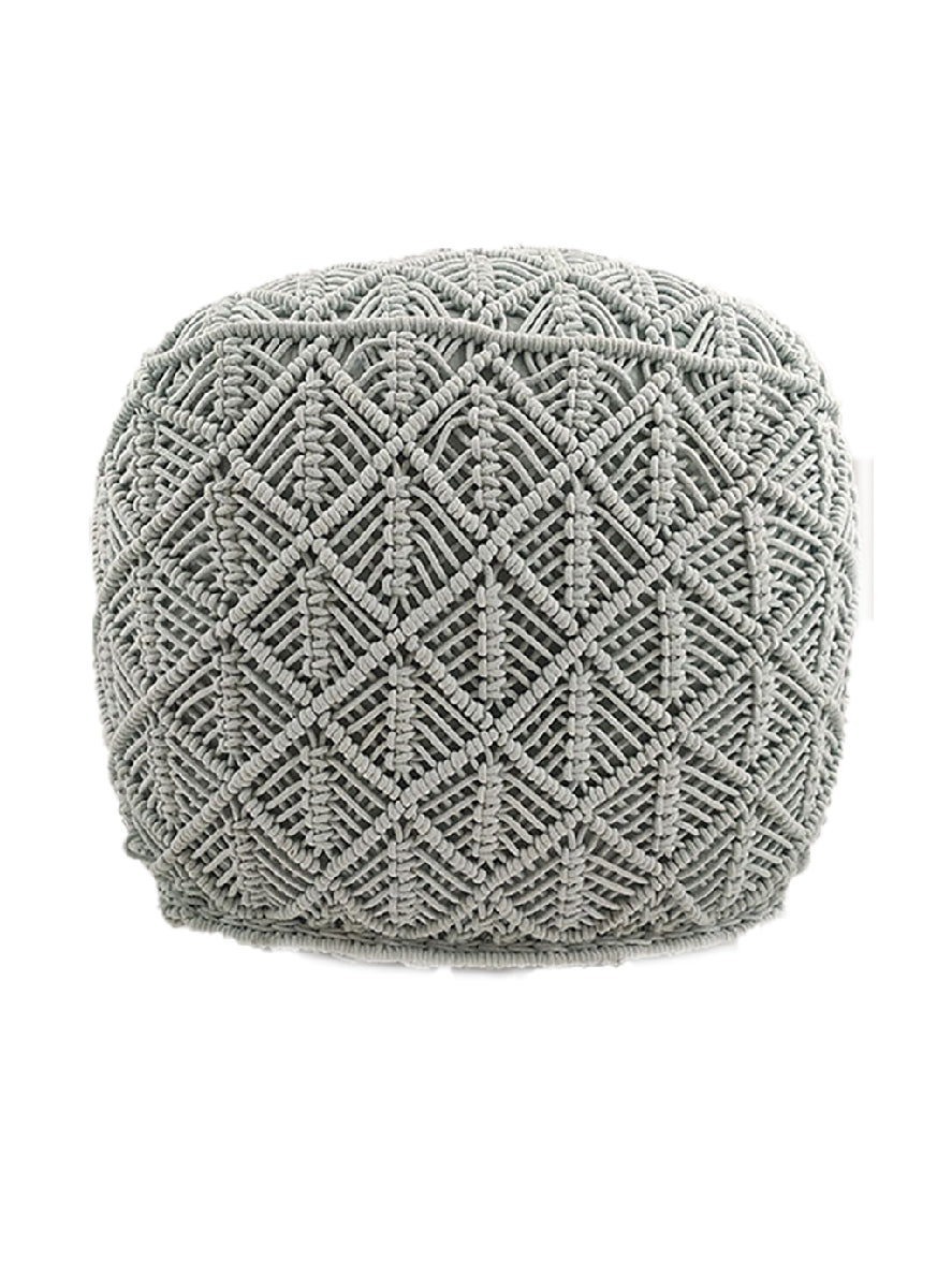 The RAMSHA HOME Macrame Cotton Pouf features a light grey, textured diamond-patterned cover in cotton, adding a boho-style accent. Displayed against a white background.