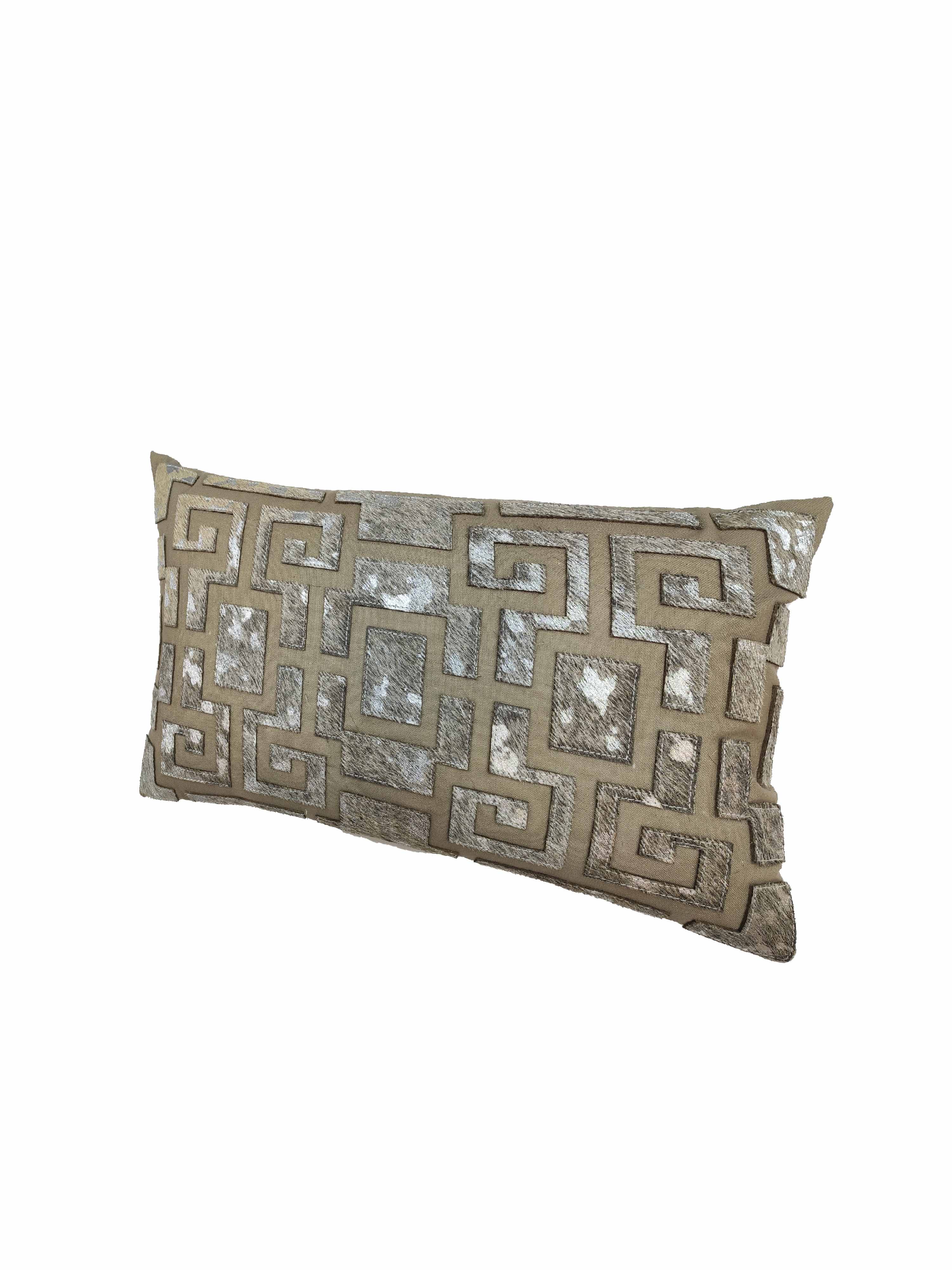 The RAMSHA HOME Sofa & Chair Cushion CS-106 features a geometric Greek key pattern in beige and metallic silver, with textured overlapping squares and rectangles—perfect for adding comfort to any neutral space.