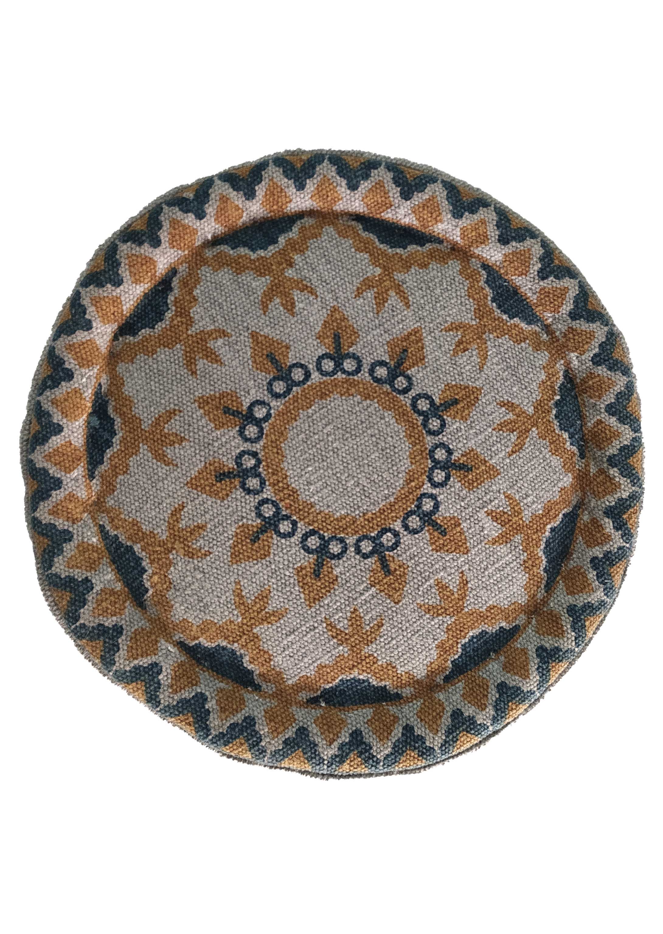The RAMSHA HOME Multi Cotton Pouf With Leather Handle PF-055 features an intricate geometric and floral pattern in blue, tan, and beige, with radiating leaf shapes and a repeating border that add modern style to any home.