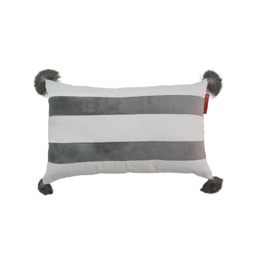 The RAMSHA HOME CS-139 White & Grey Cushion features premium polyester with alternating white and gray stripes and gray corner tassels, adding a modern accent to any room.