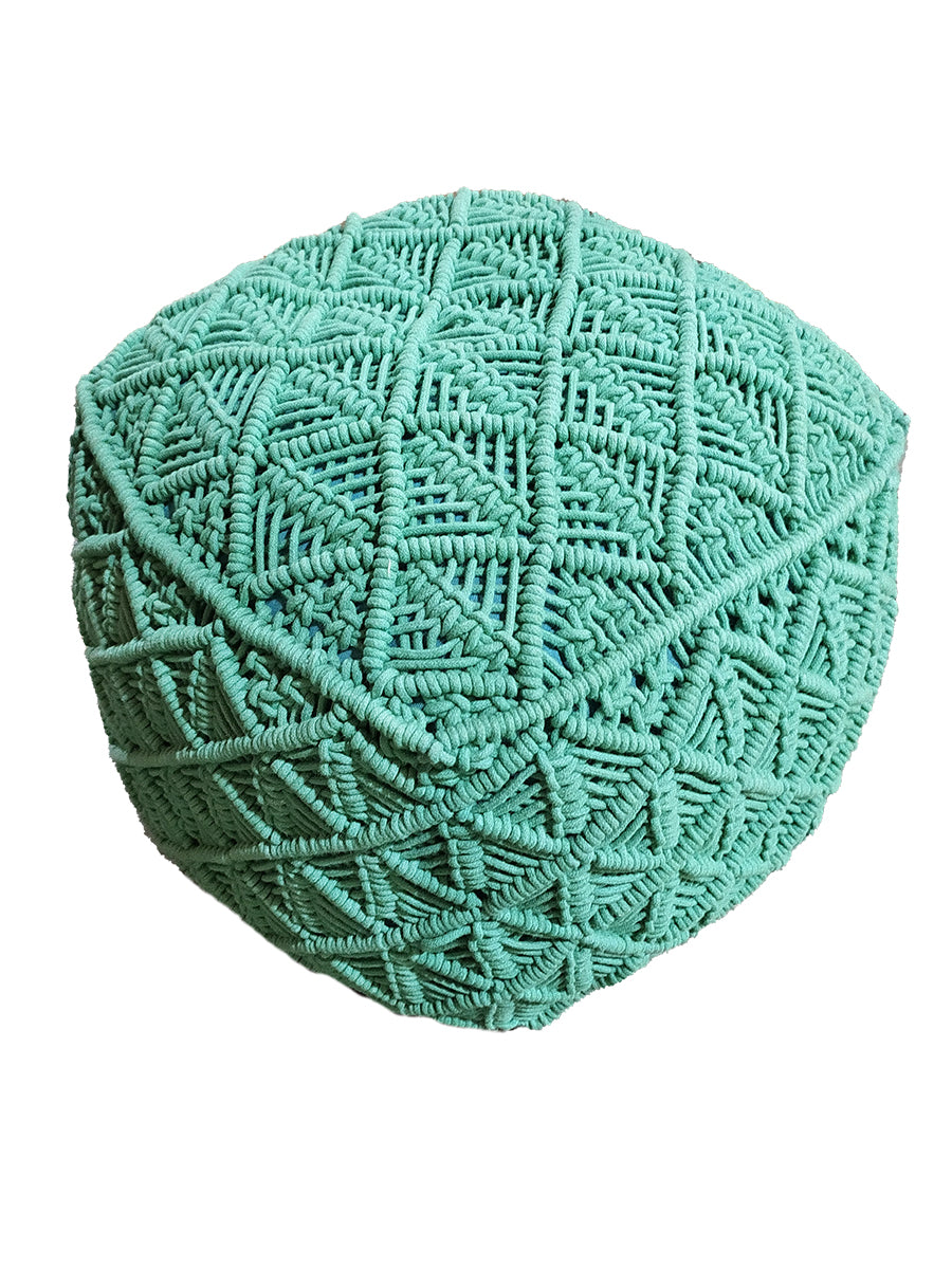 The RAMSHA HOME Macrame Cotton Pouf is a teal, boho-style ottoman with a textured woven surface displaying diamond and leaf-like patterns. It features a rounded, slightly flattened shape for versatile use in any space.