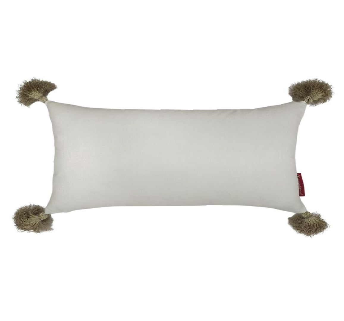 The RAMSHA HOME White & Light Beige Color Cushion CS-136 features beige tassels on each corner and a small red tag, making it a stylish accent for any living room. Shown against a plain background.