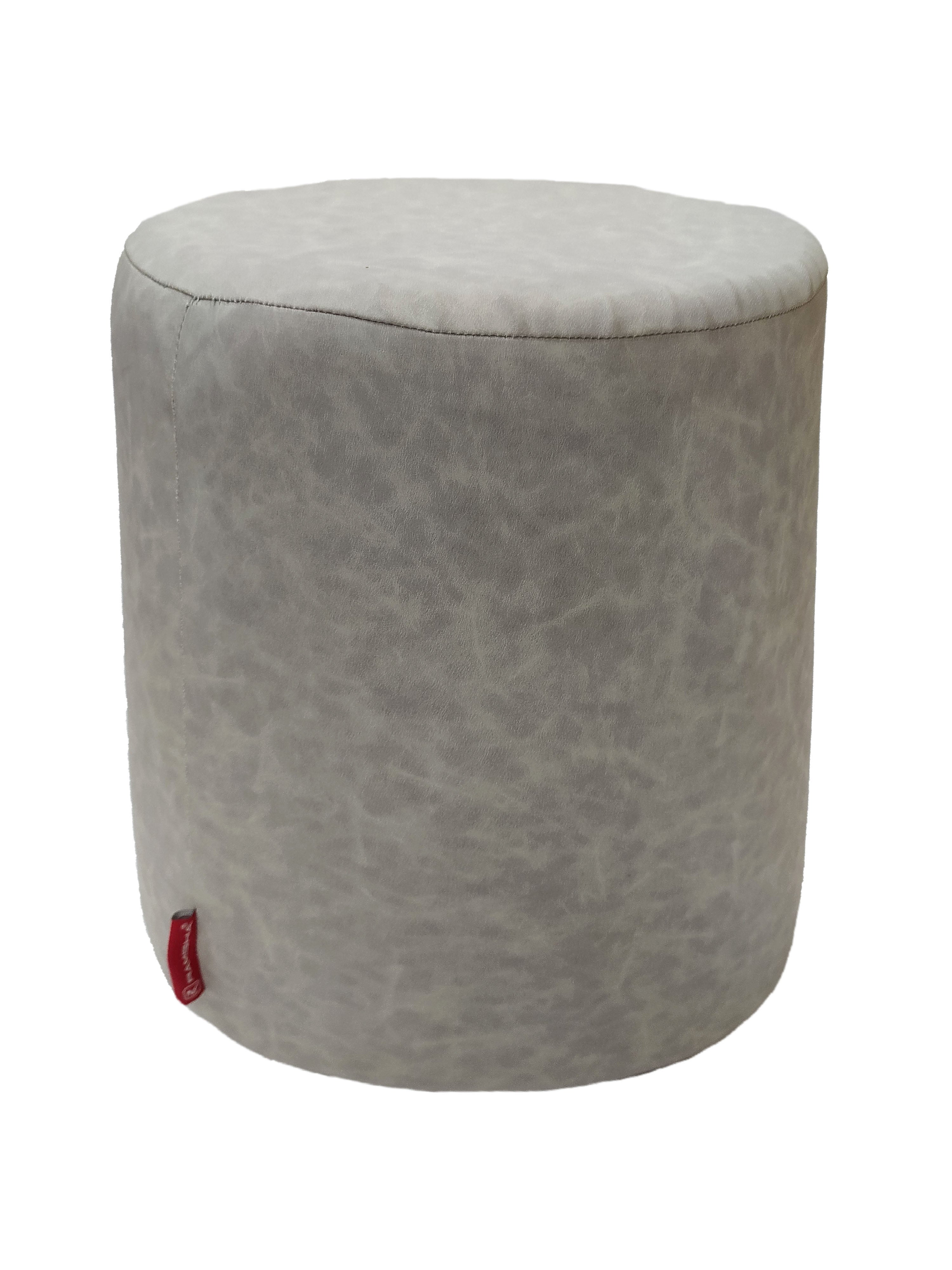 The RAMSHA HOME Leather Cylindrical Pouf features a round, light gray design with subtle texture and a small red fabric tag at the base, providing comfortable seating against a white background.