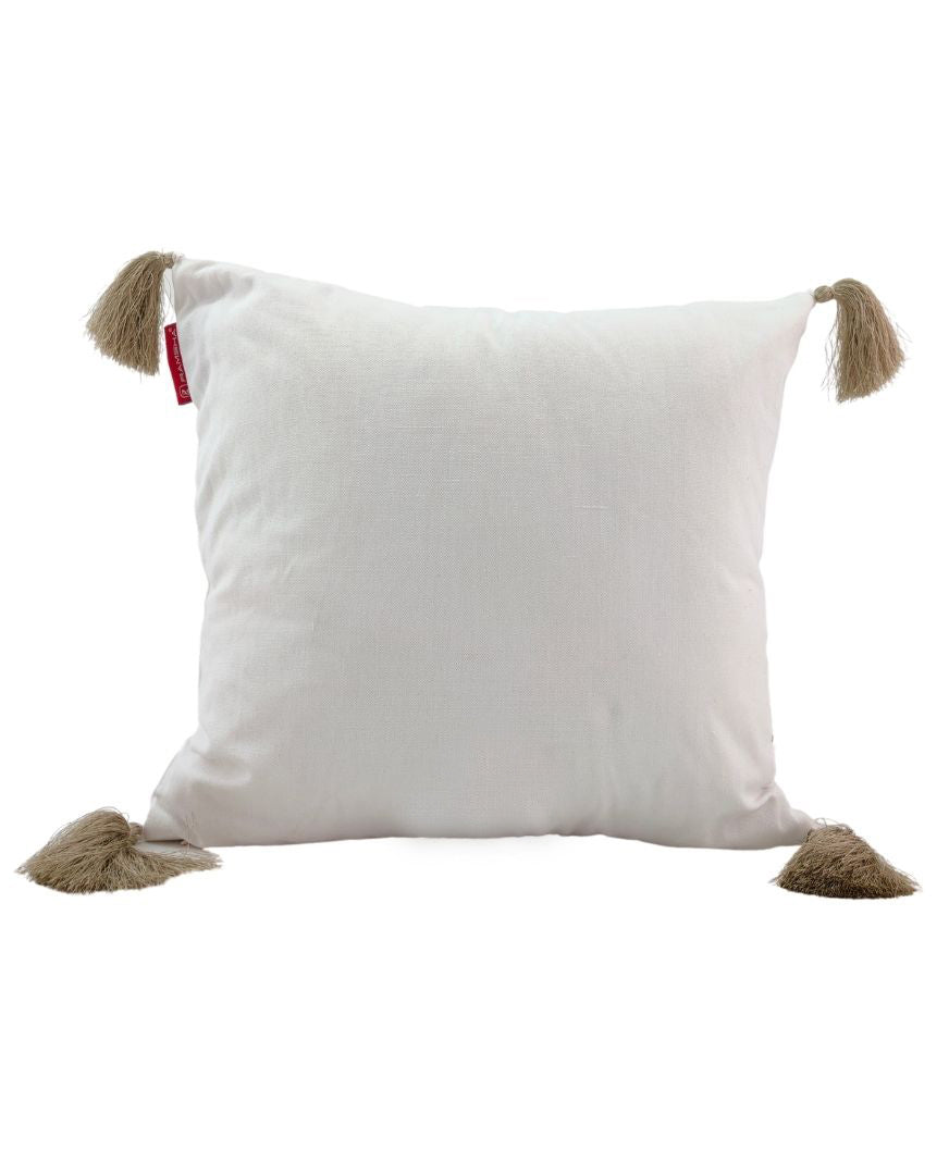 The RAMSHA HOME White & Light Beige Color Cushion CS-136 is a square throw pillow with beige tassels on each corner and a plush filler, shown against a plain white background.