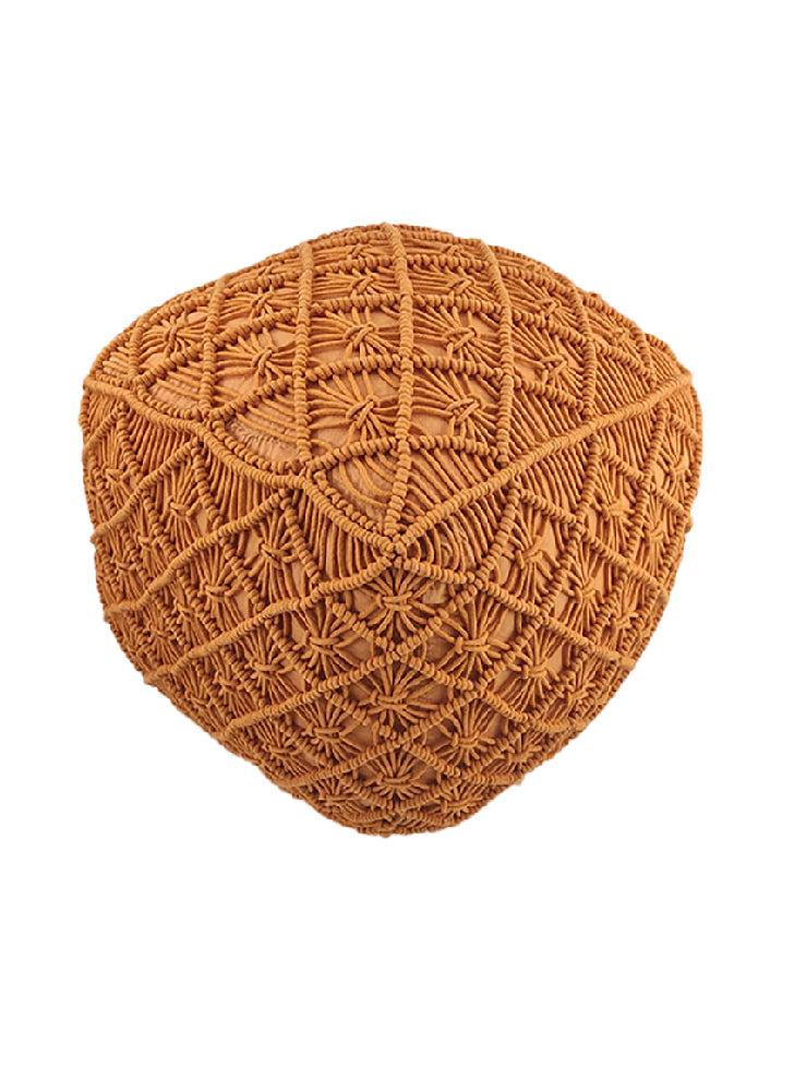 The RAMSHA HOME Macrame Cotton Pouf is a round, brown cotton pouf with a textured, woven diamond and floral pattern—perfect for adding boho style to any space.