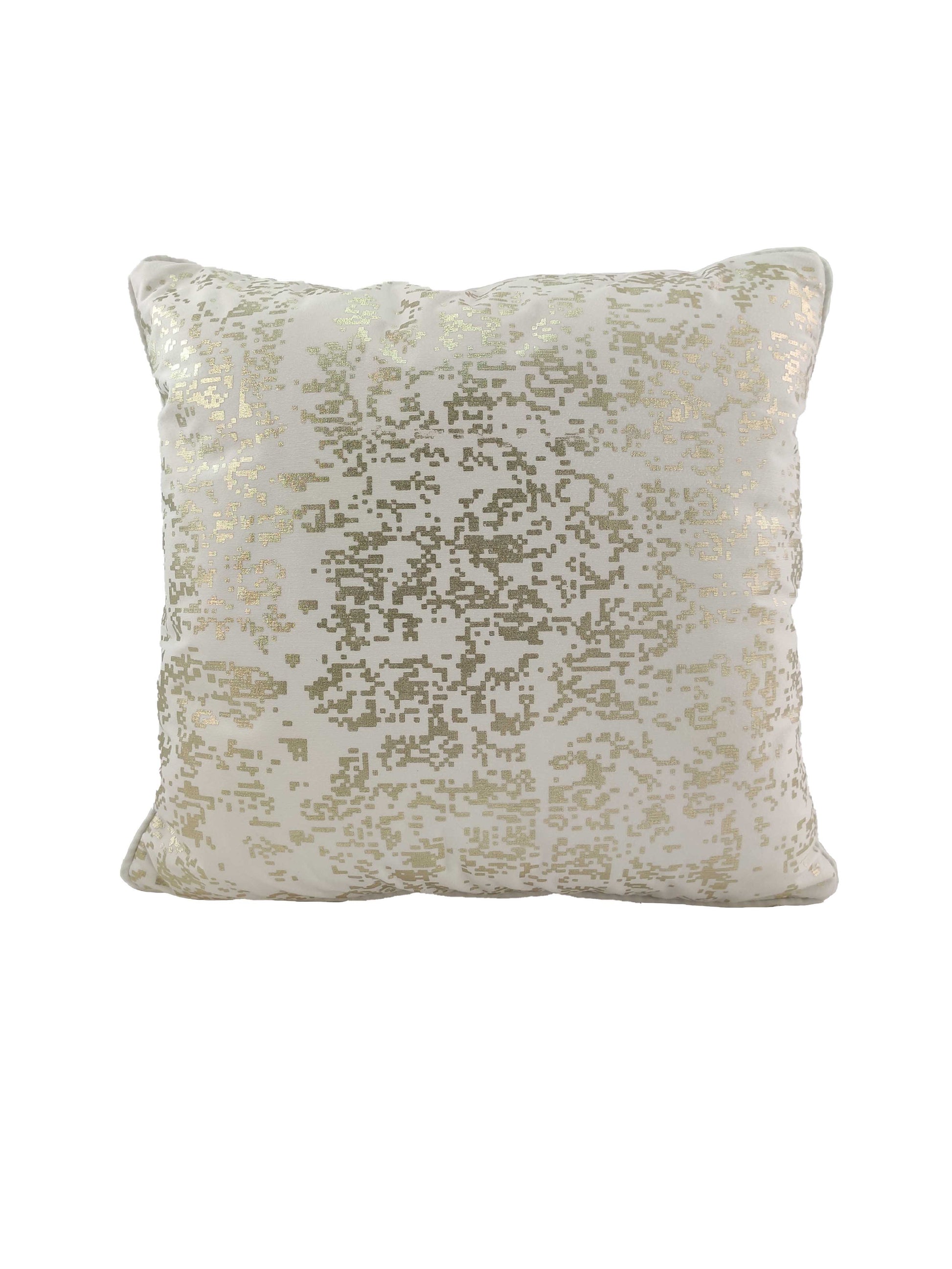 The RAMSHA HOME White & Gold Color Cushion Cover CS-129 features a shiny, abstract metallic gold pattern on white, adding a modern and elegant touch to your decor.