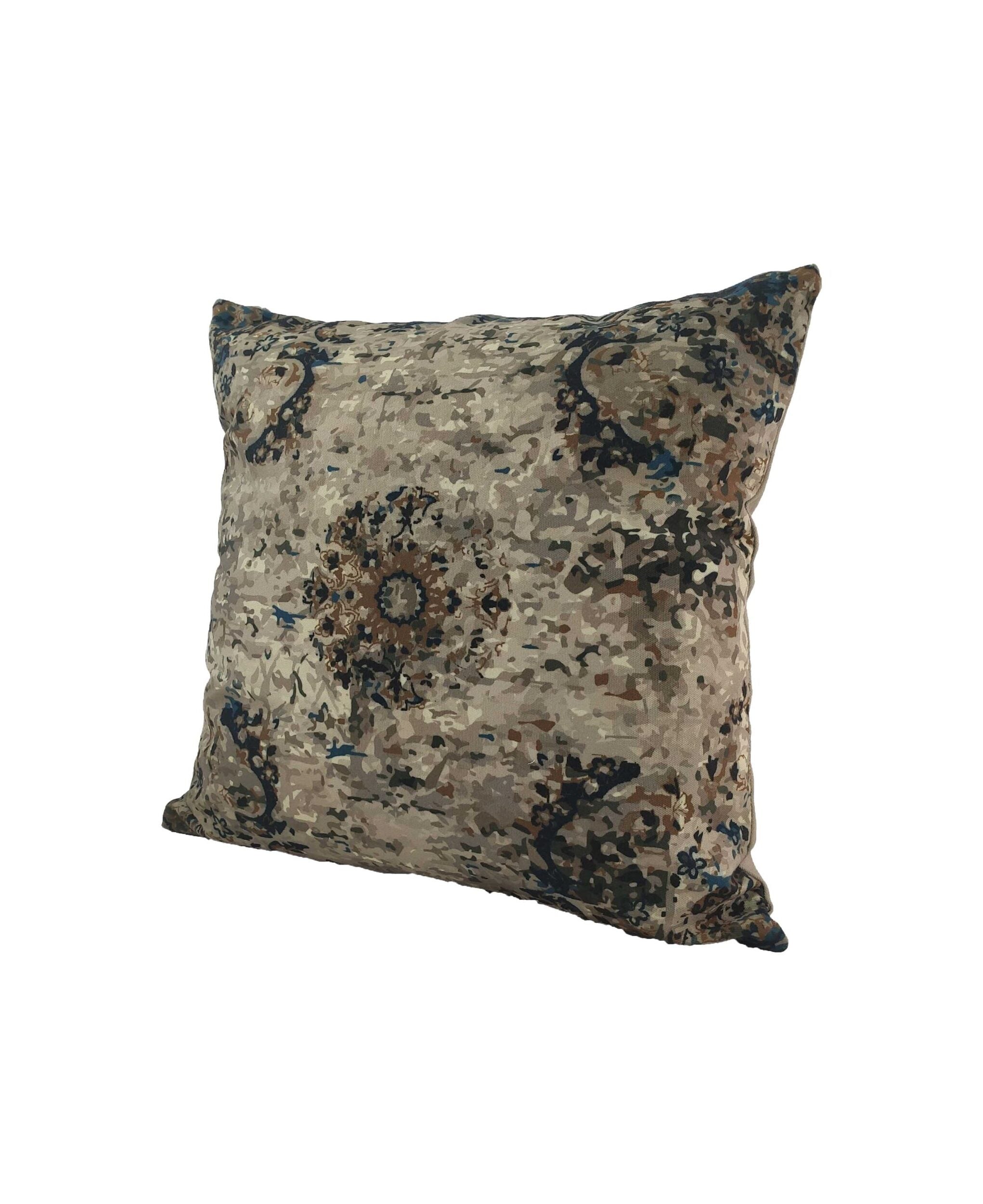 RAMSHA HOME's Printed Cushion With Filler Multi Color CS-088 features a beige and brown mosaic print with a central medallion and blue accents, displayed on a crisp white background.