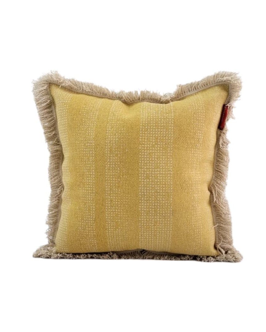 The RAMSHA HOME Cotton Cushion With Fringes cs-141 features a square yellow cotton design with subtle textured stripes and beige fringe trim, shown against a white background.