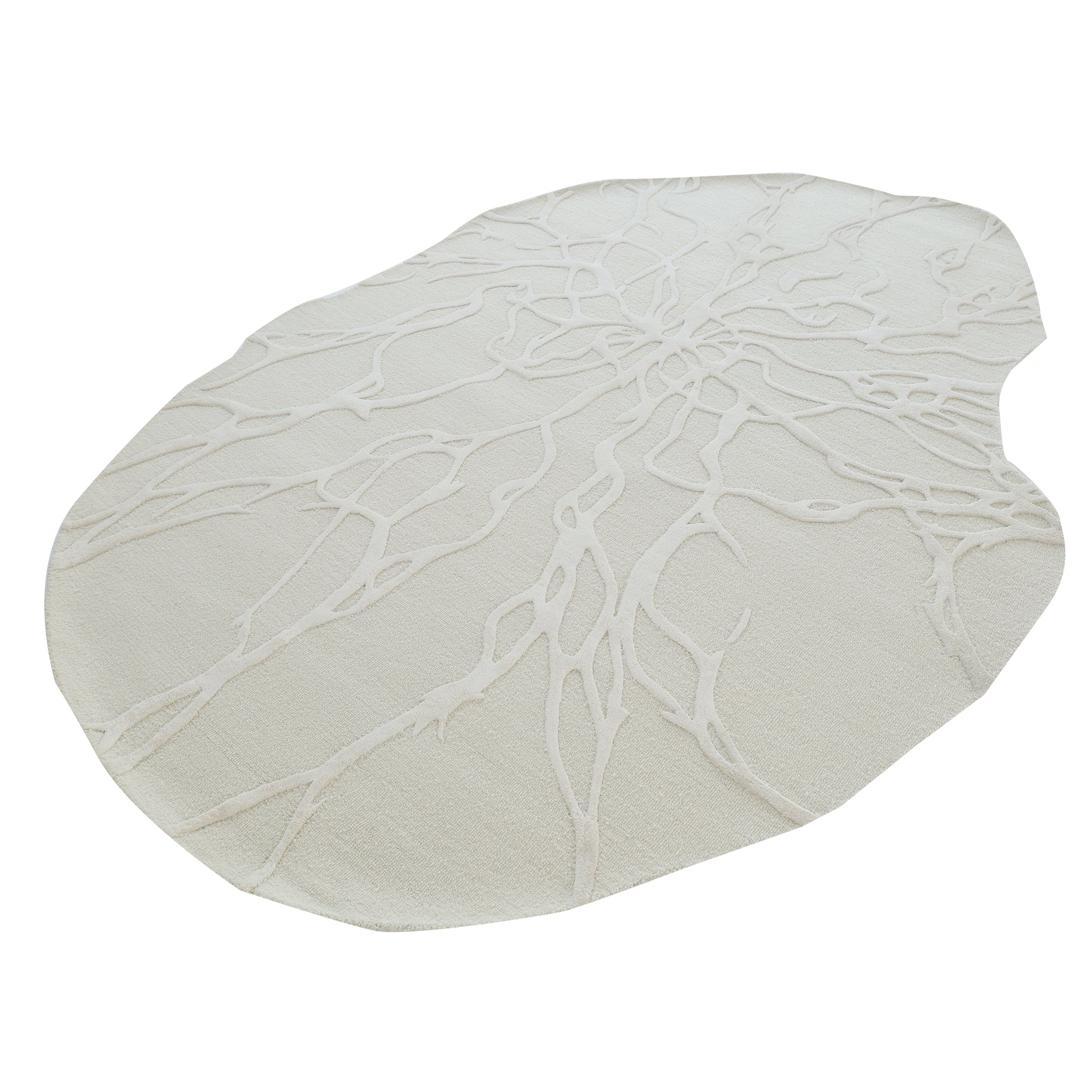 The RAMSHA HOME Premium Beige Handmade Carpet HTWV-100 (200×300 cm) features an off-white, irregular shape with a raised abstract branching pattern on a plain white background.