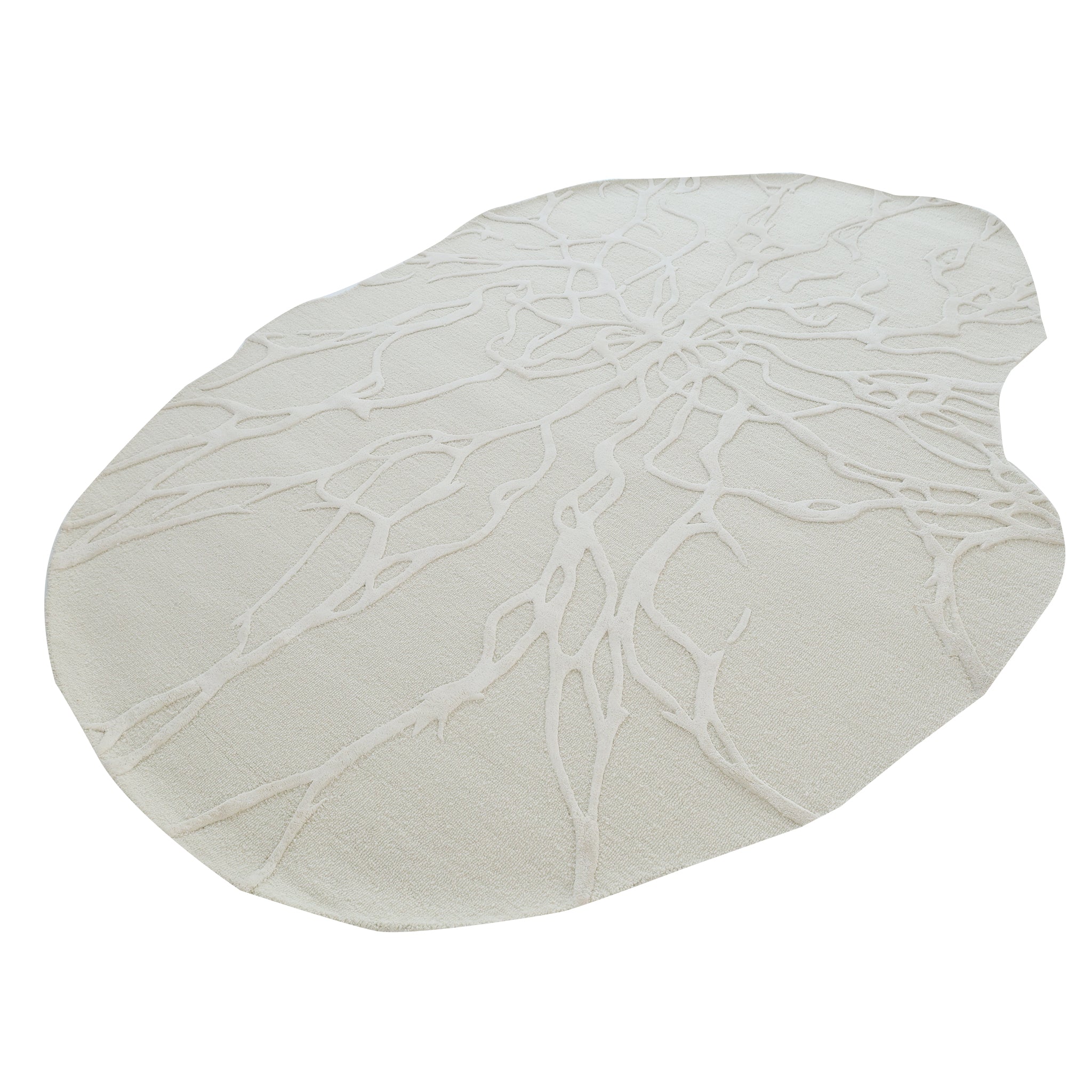 The RAMSHA HOME Premium Beige Handmade Carpet HTWV-100 (200×300 cm) features an off-white, irregular shape with a raised abstract branching pattern on a plain white background.