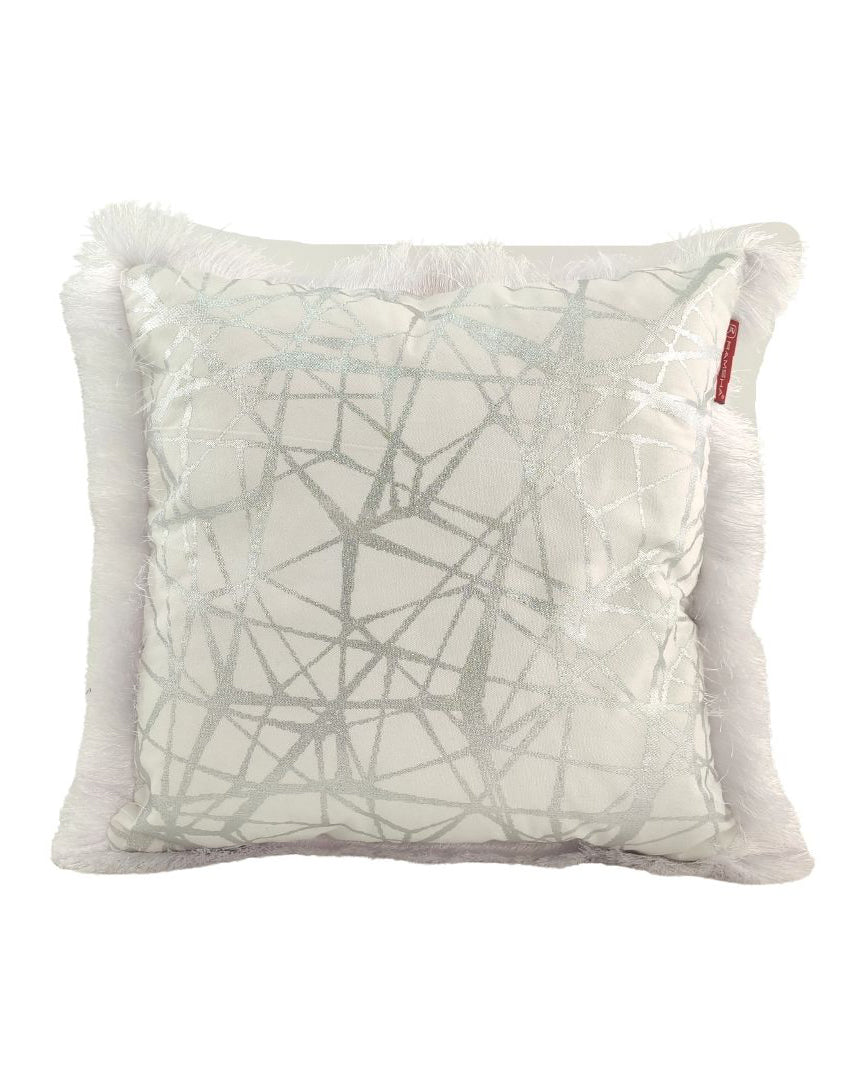The CS-123 White & Silver Cushion by RAMSHA HOME is a square pillow with a white textured cover, silver geometric lines, fringed edges, and a small red tag—an elegant decor accent for any space.