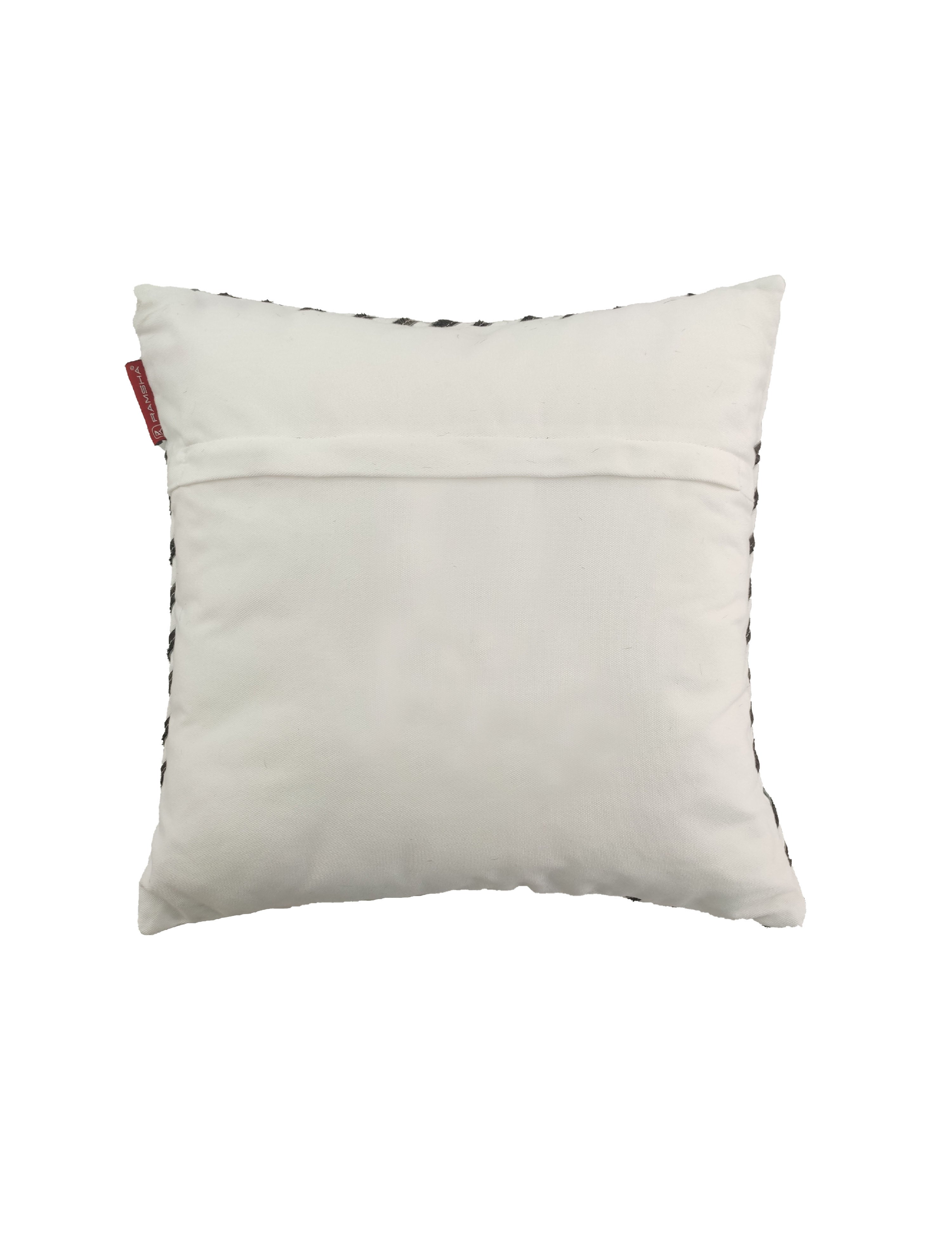 The RAMSHA HOME Leather And Polyester Cushion CS-109 is a square white cushion with a visible seam, rear pocket-style opening, and a small red tag on the left side, shown against a plain white background.