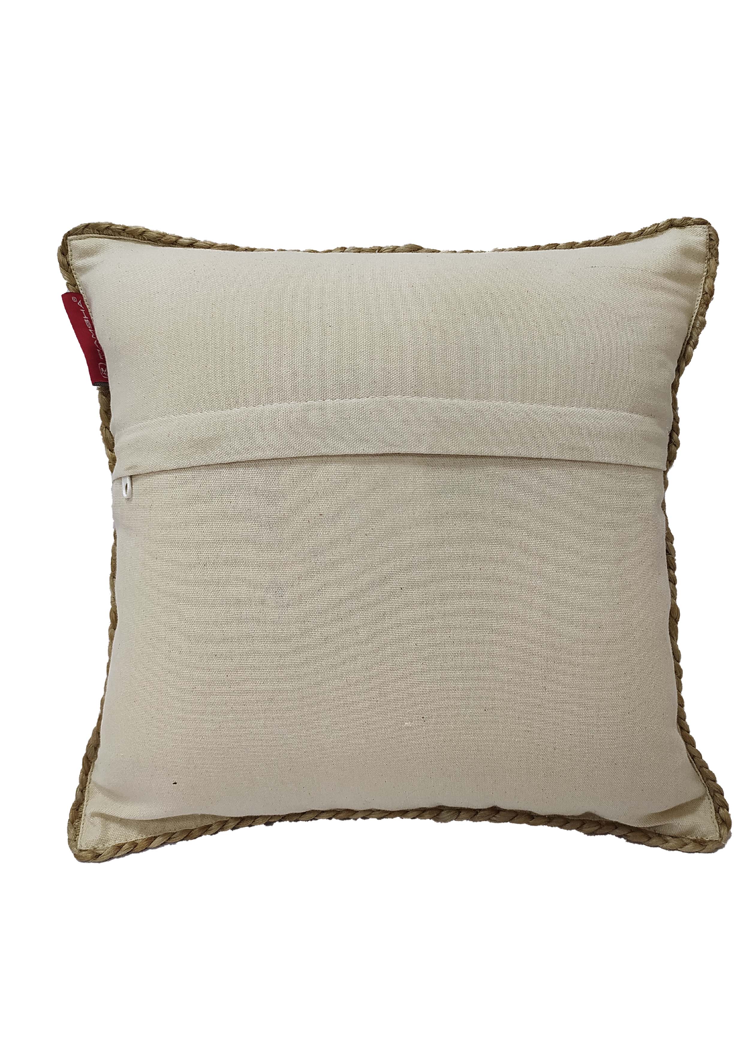The RAMSHA HOME Natural Jute Cushion CS-134 features a beige square jute design with a thick brown border, visible back flap and zipper, plus a small red tag on the side. Crafted from natural jute. Shown on a white background.
