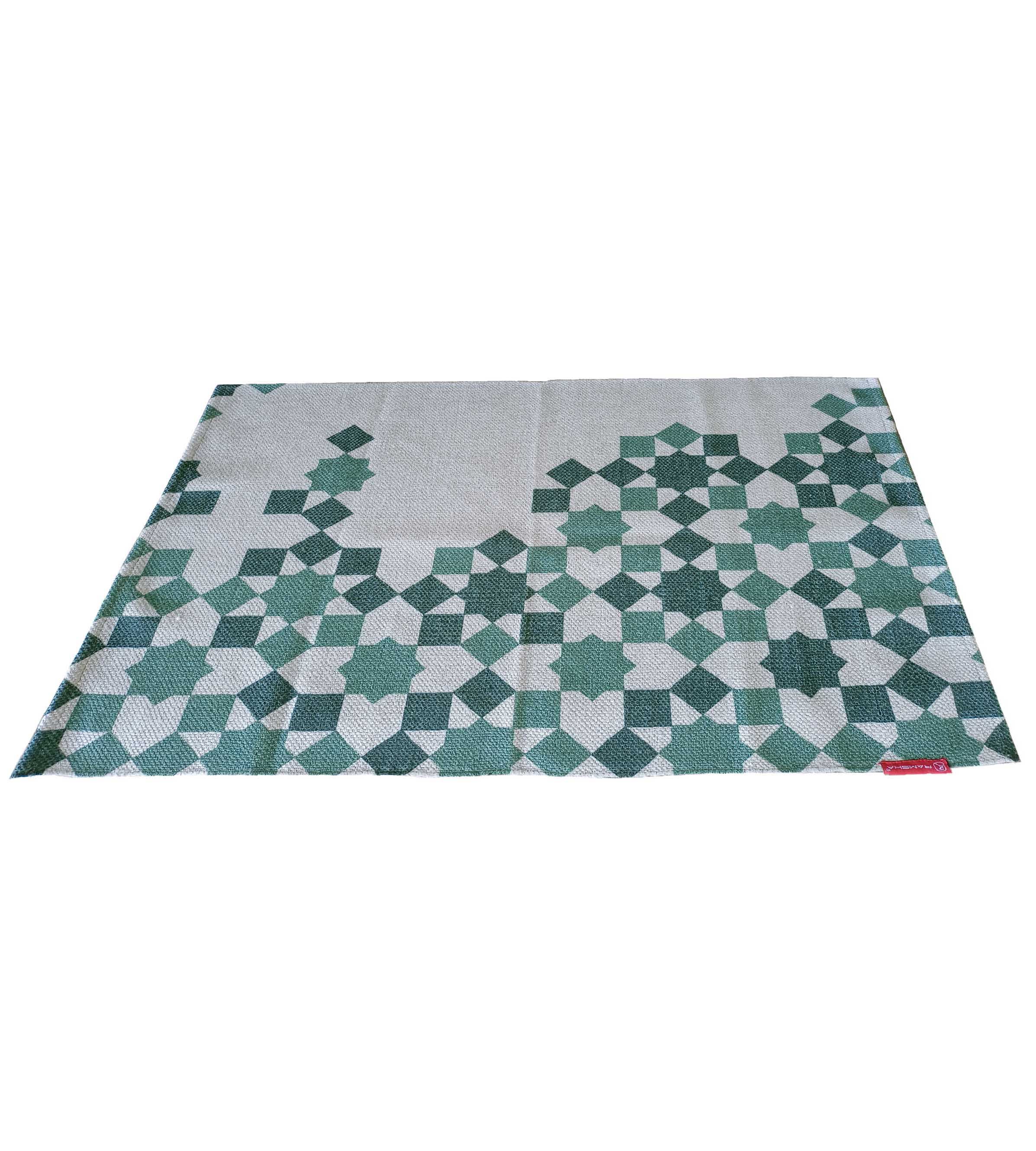 Bold Geometry: Make a Bold Statement with our Geometry Pattern Printed Durry in Green Color, Boasting an Eye-Catching Geometric Motif for Visual Impact