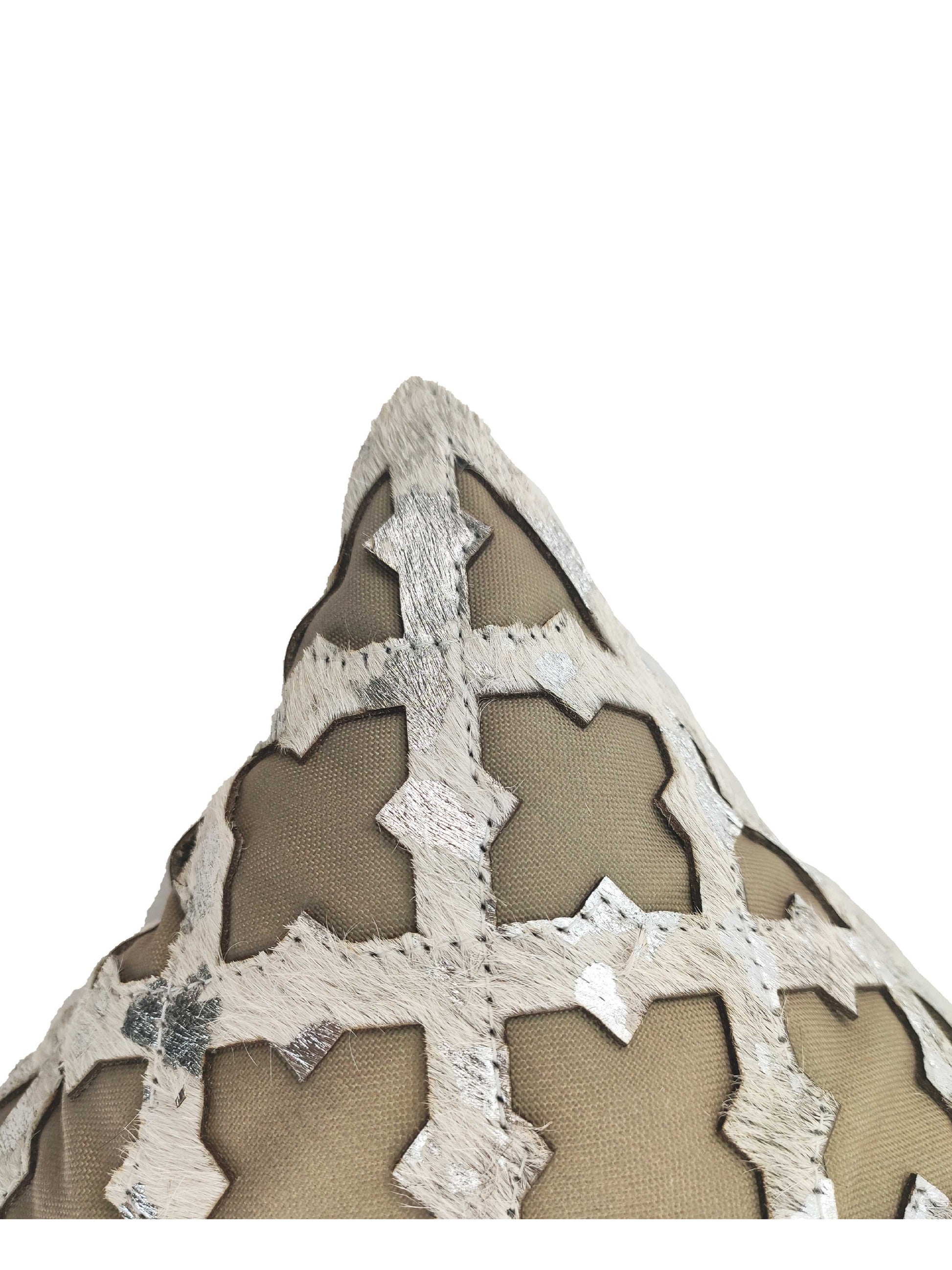 The RAMSHA HOME Leather Cushion CS-103 features a beige fabric base, geometric silver and white pattern, and textured overlay—adding a stylish touch to your home decor.