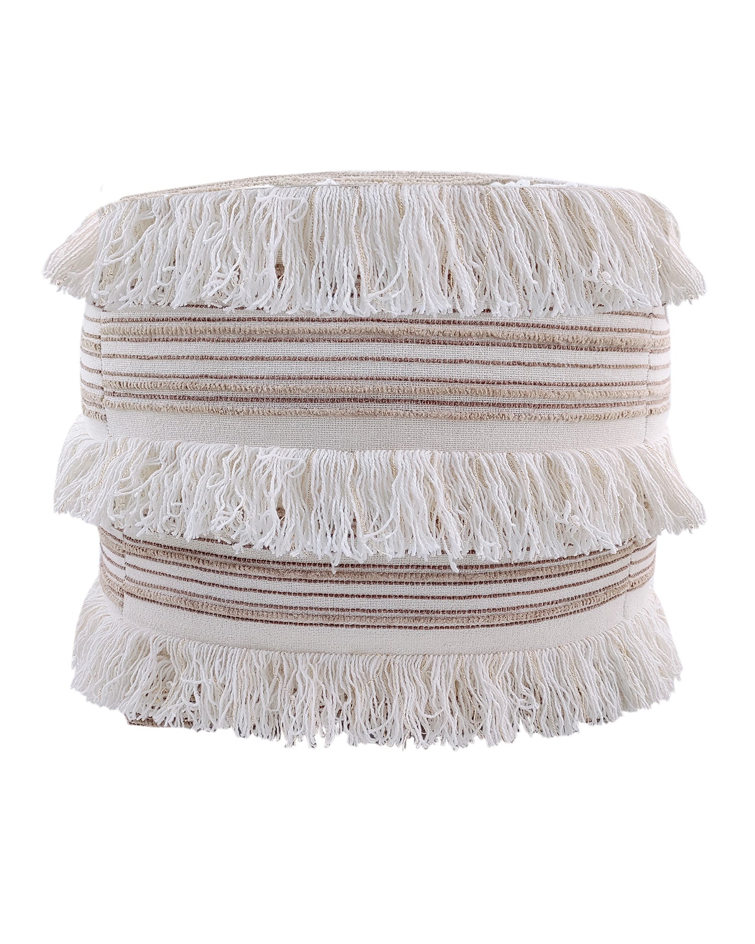 The RAMSHA HOME Cotton Boho Pouf With Fringes PF-067 is a round, cream pouf with three layers of fringe and brown stripes, offering a textured, boho-inspired design that complements any stylish space.