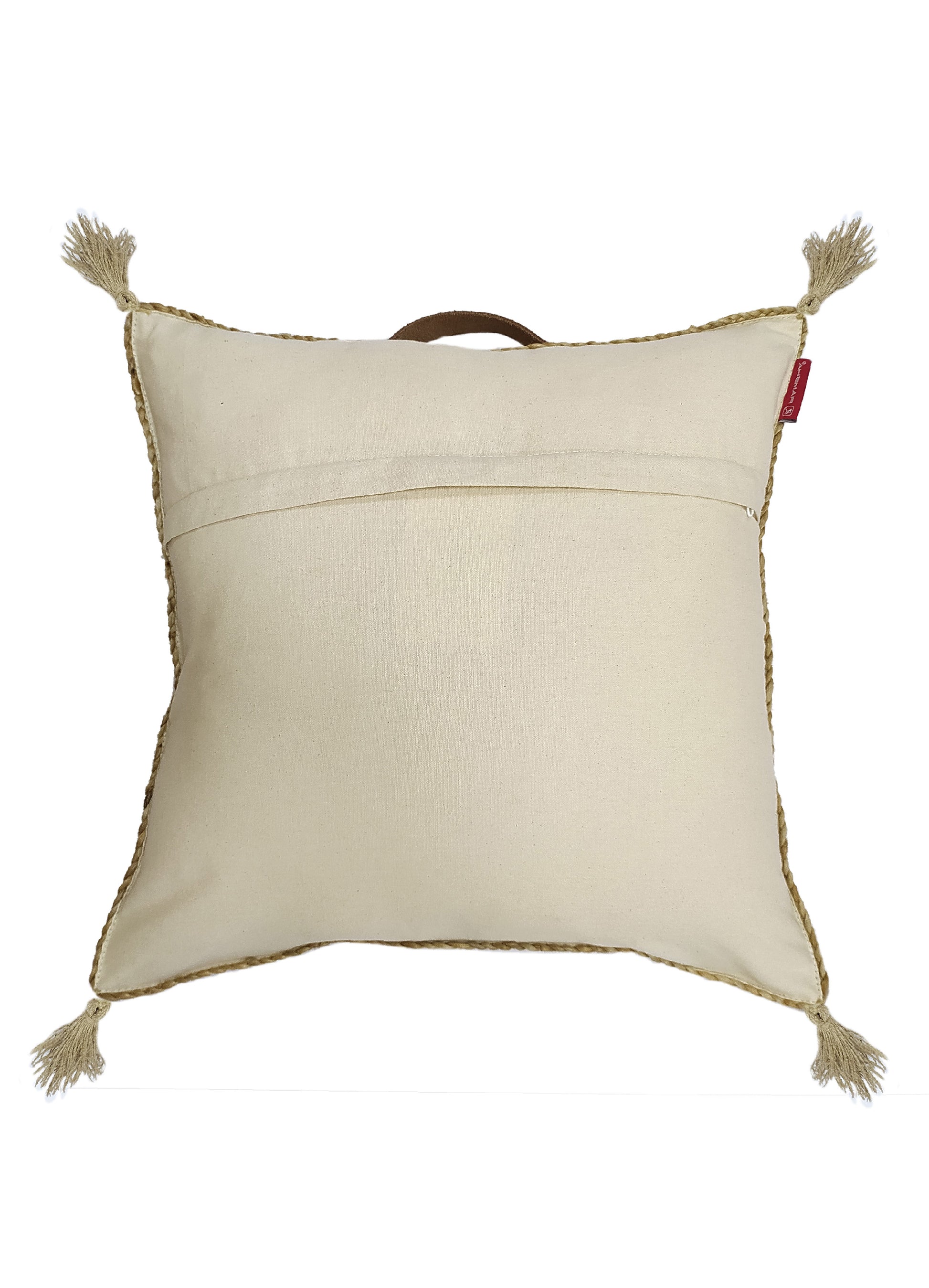 The RAMSHA HOME Jute Cushion CS-134-T is a square beige cushion with four corner tassels, decorative trim, a horizontal back opening, a top brown handle, and a red tag—ideal for modern home décor.