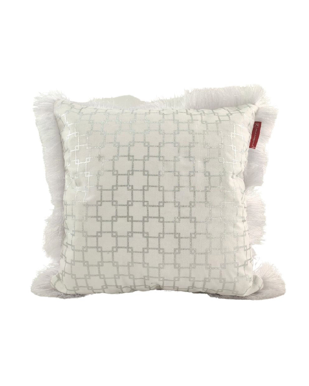 The RAMSHA HOME CS-126 Polyester Cushion features a square shape, geometric silver pattern, white fringe edges, and a small red fabric tag. Ideal for elevating your living room décor. Plain white background.