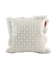 The RAMSHA HOME CS-126 Polyester Cushion features a square shape, geometric silver pattern, white fringe edges, and a small red fabric tag. Ideal for elevating your living room décor. Plain white background.
