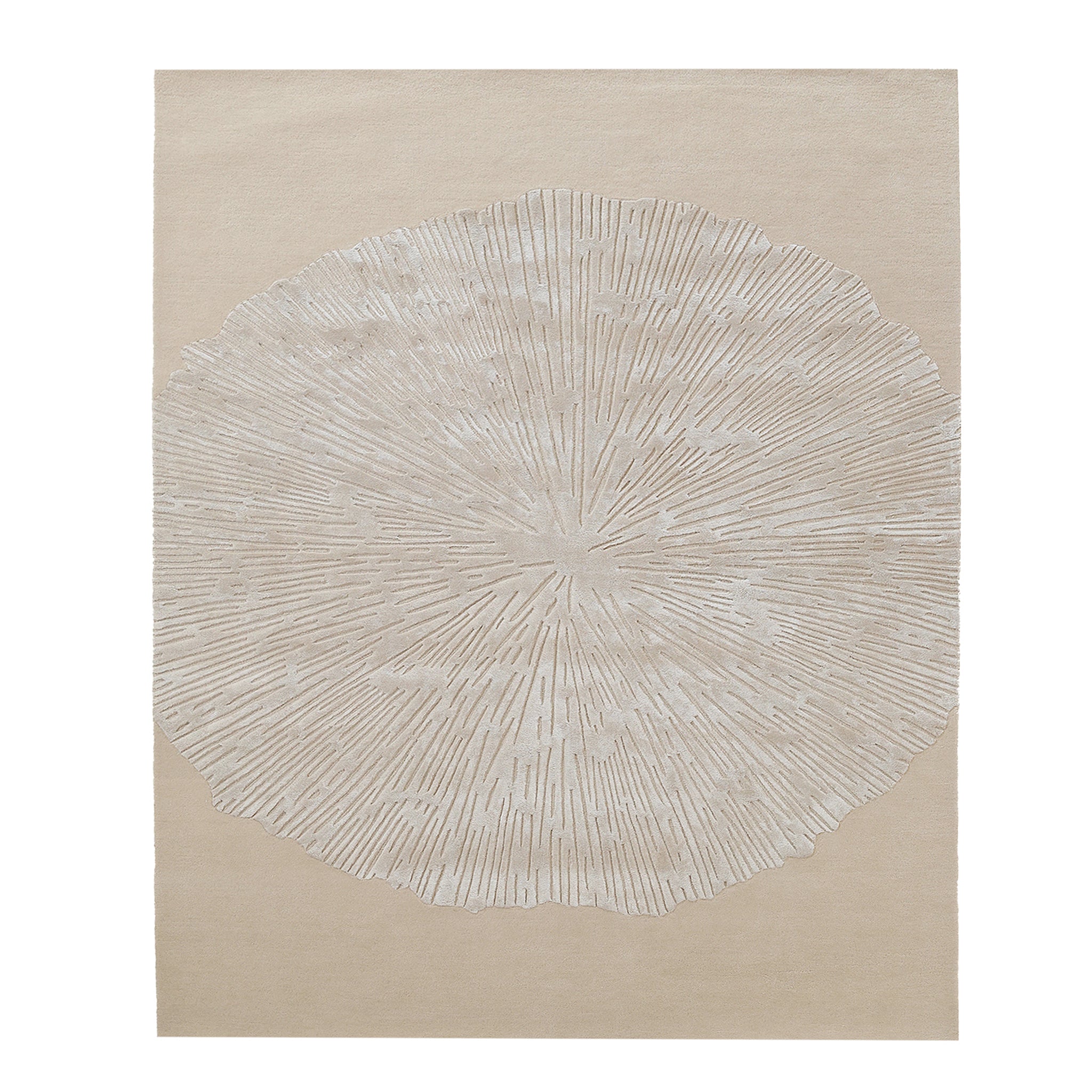 The RAMSHA HOME Hand-Tufted Carpet For Home Decor HTWV-76 is a beige area rug with a large, textured circular pattern and subtle shading—an ideal neutral accent for contemporary spaces.