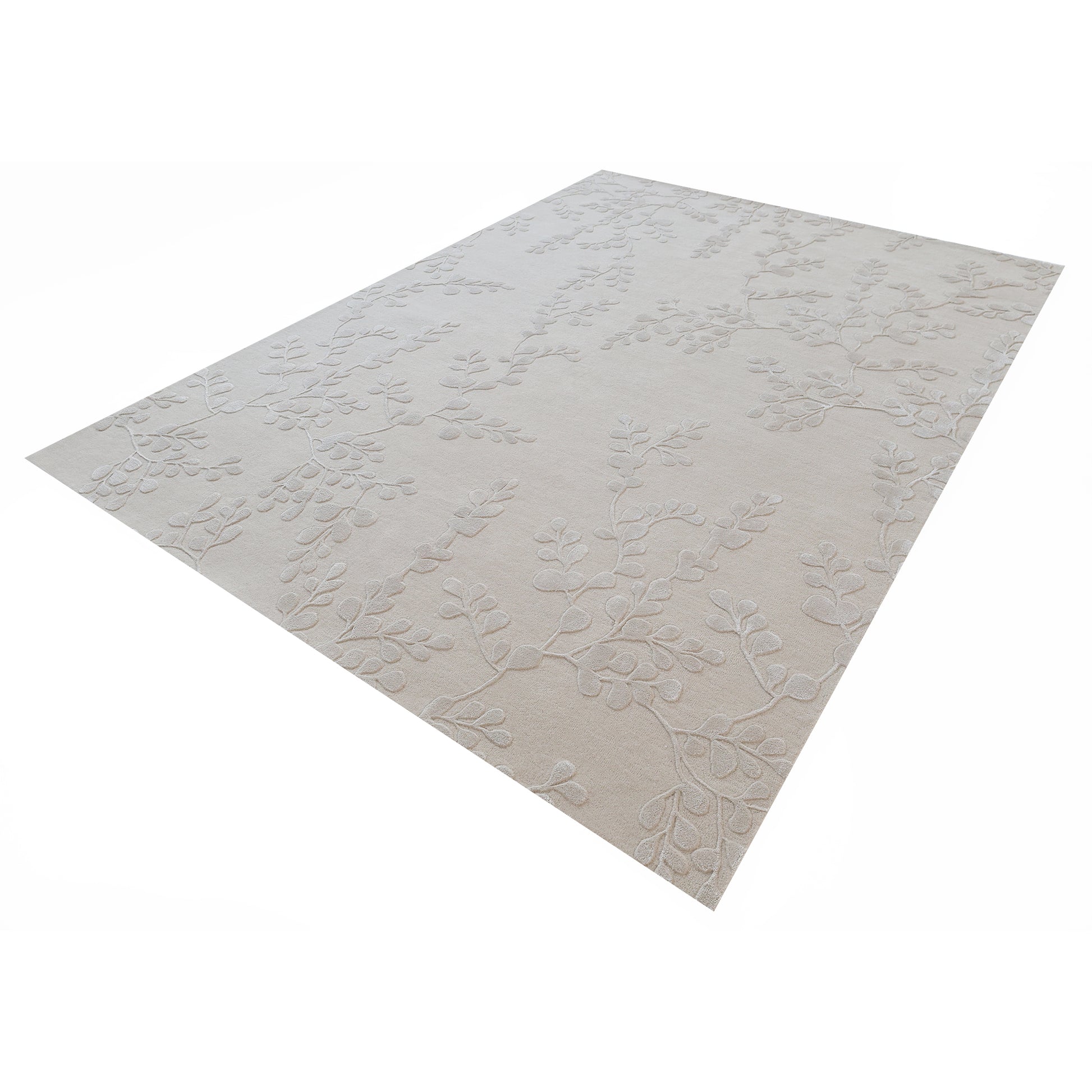 The RAMSHA HOME Artisan Handmade Decorative Area Rug – HTWV-116 is a rectangular beige rug featuring a subtle, raised leafy branch pattern, shown angled on a white background.