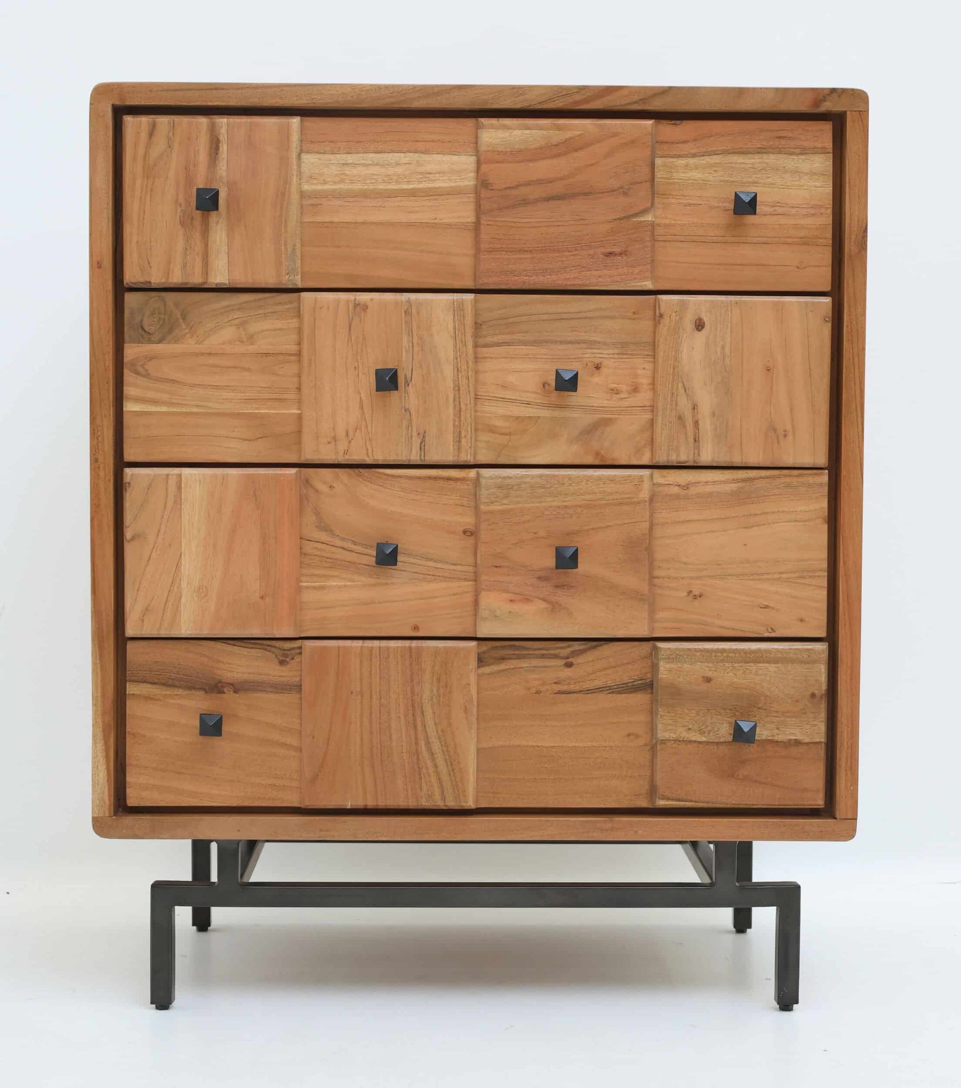 The RAMSHA HOME Natural Acacia Wood Drawer Cabinet features a patchwork design, eight drawers with black square handles, and stands on a black metal base, shown against a plain white background.
