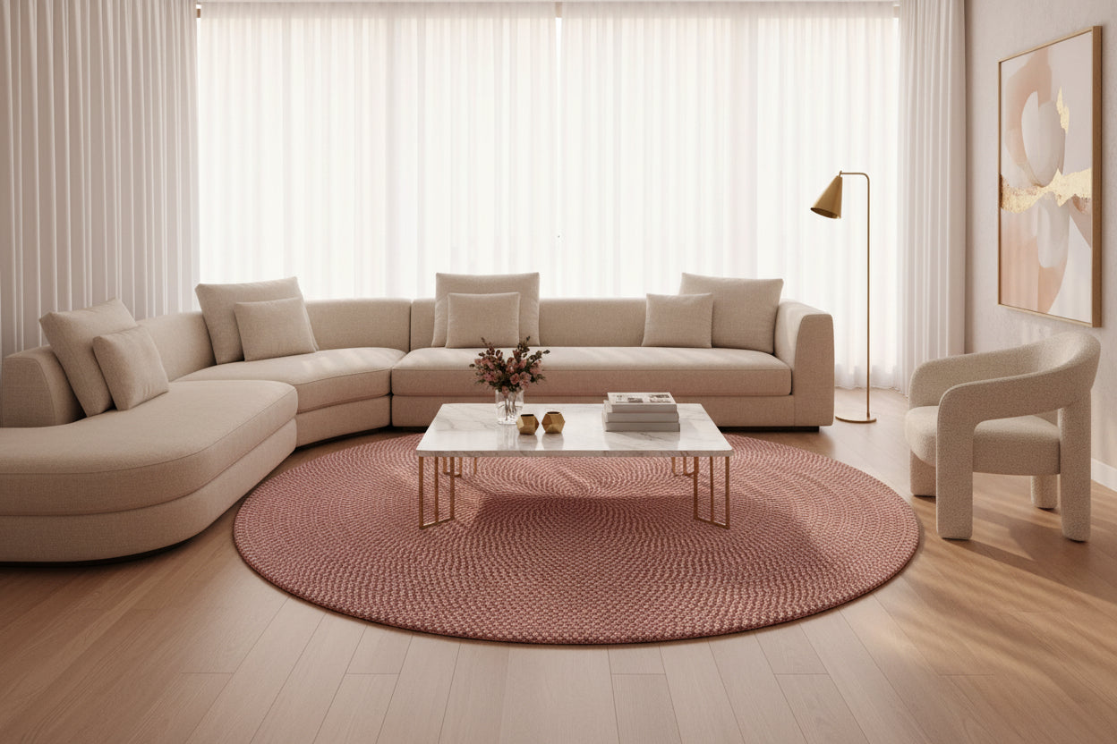 A modern living room featuring a large cream sectional sofa, matching armchair, RAMSHA HOME's Handmde Pink Color Round Rug BR 011, marble coffee table, light wood floors, sheer white curtains, gold floor lamp, and abstract wall art.