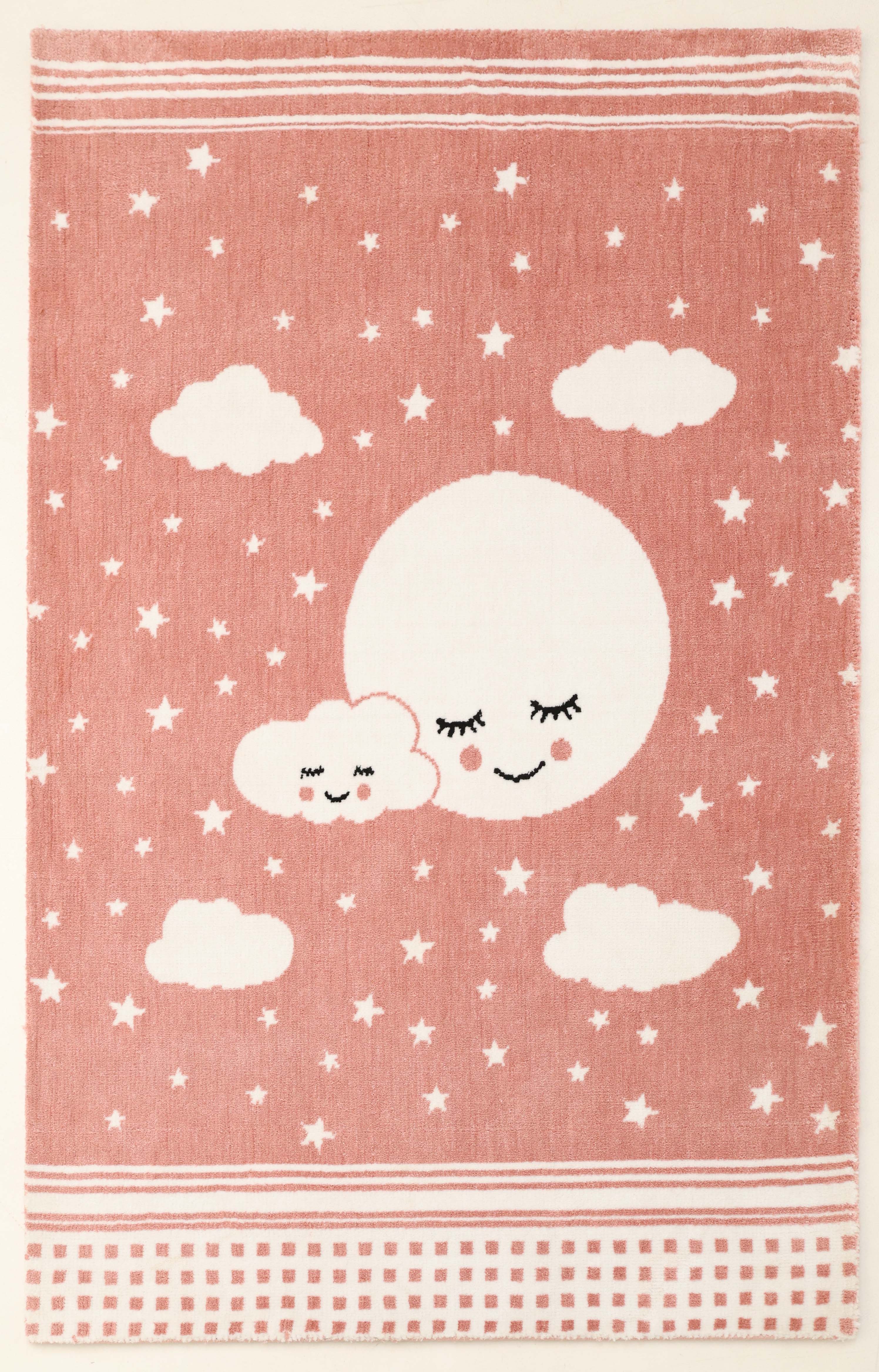 The RAMSHA HOME Kids Rug Soft Star & Sky Pink Color Nursery Rug (120x180 cm – KD 019) features a large smiling moon, cloud, stars, and playful patterns—perfect as a charming addition to any nursery or kids’ room décor.
