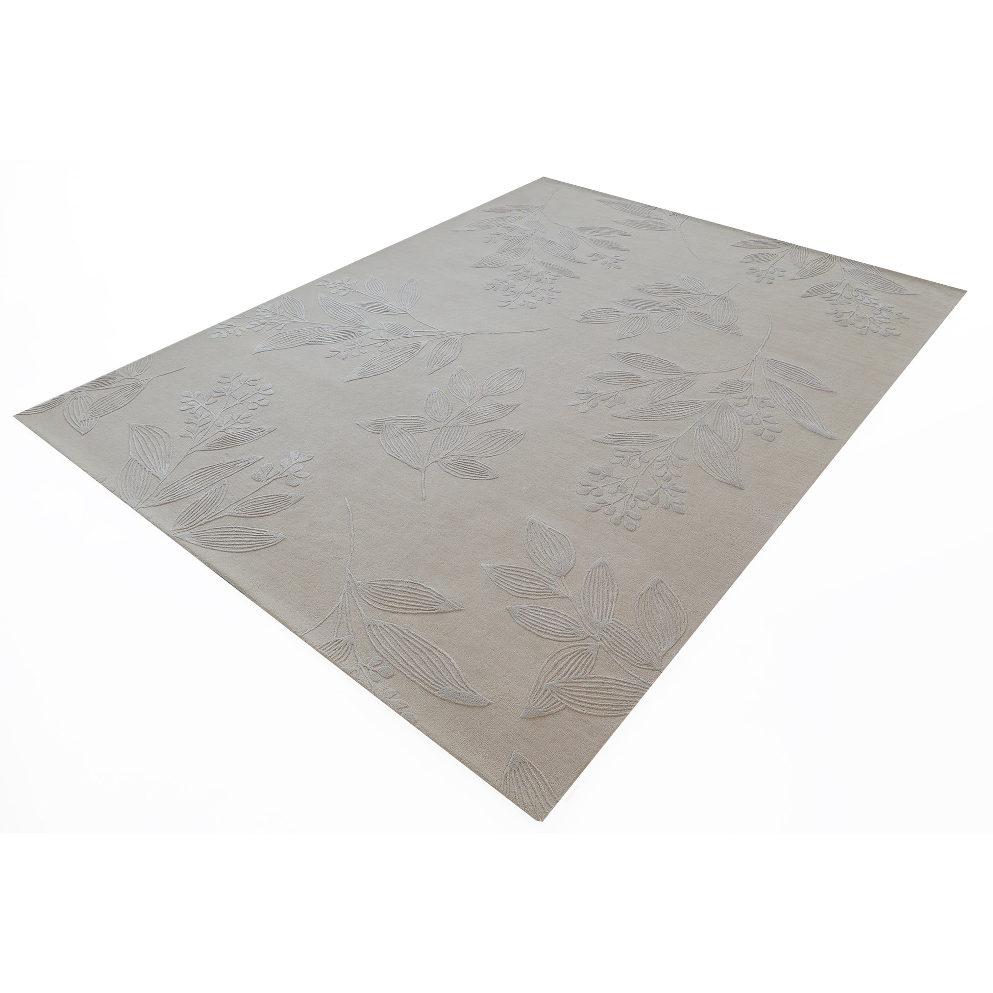The RAMSHA HOME Natural Beige & Ivory Handmade Area Rug (HTWV-146) features a rectangular design with subtle floral and leaf patterns, shown on a white background.